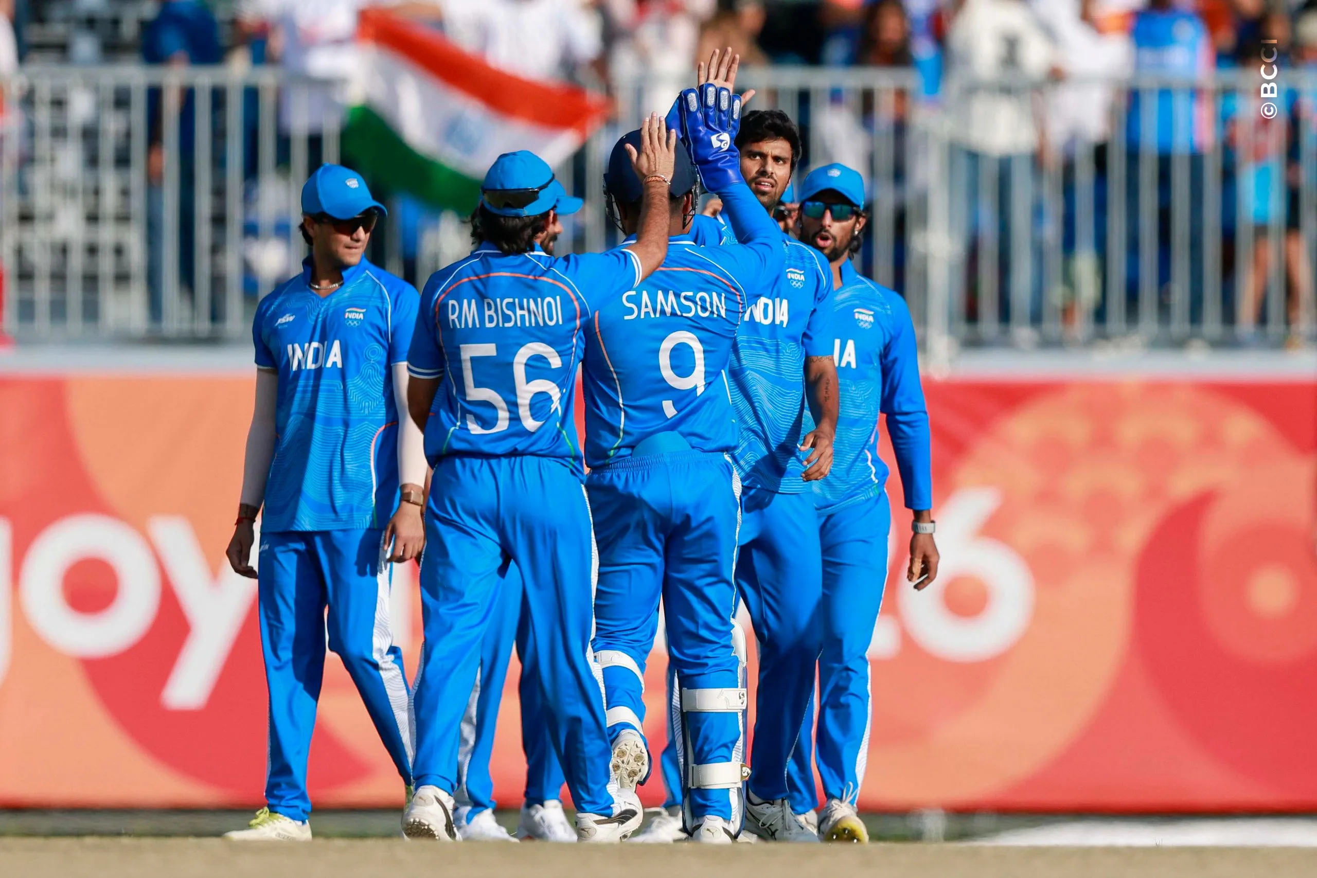 Washington Sundar of India celebrates the wicket of Sahibzada Farhan during the Final match between the Pakistan and India at Korogi Sports Park, Nisshin, Japan, on October 3, 2026.Photo:  Deepak Malik / CREIMAS for BCCI