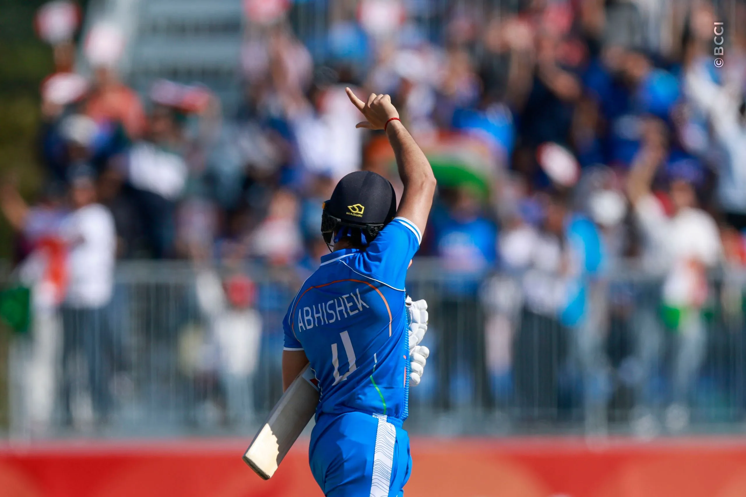 Abhishek Sharma of India celebrates after scoring a fifty during the Final match between the Pakistan and India at Korogi Sports Park, Nisshin, Japan, on October 3, 2026.Photo:  Deepak Malik / CREIMAS for BCCI