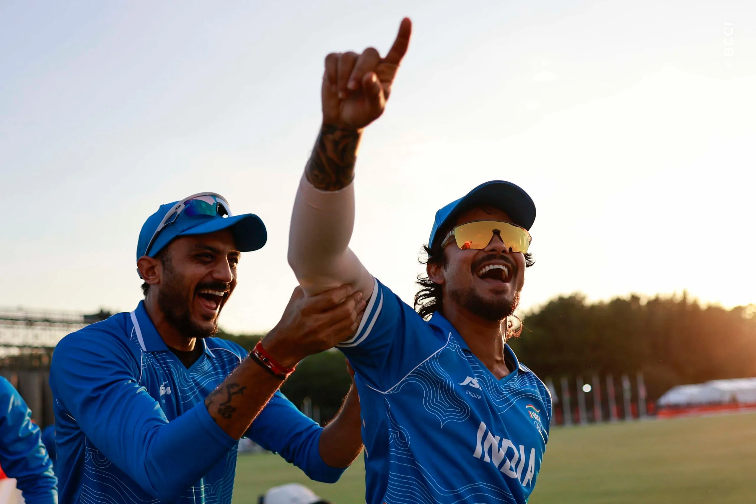 Axar Patel and Ishan Kishan of India during the Final match between the Pakistan and India at Korogi Sports Park, Nisshin, Japan, on October 3, 2026.Photo:  Deepak Malik / CREIMAS for BCCI