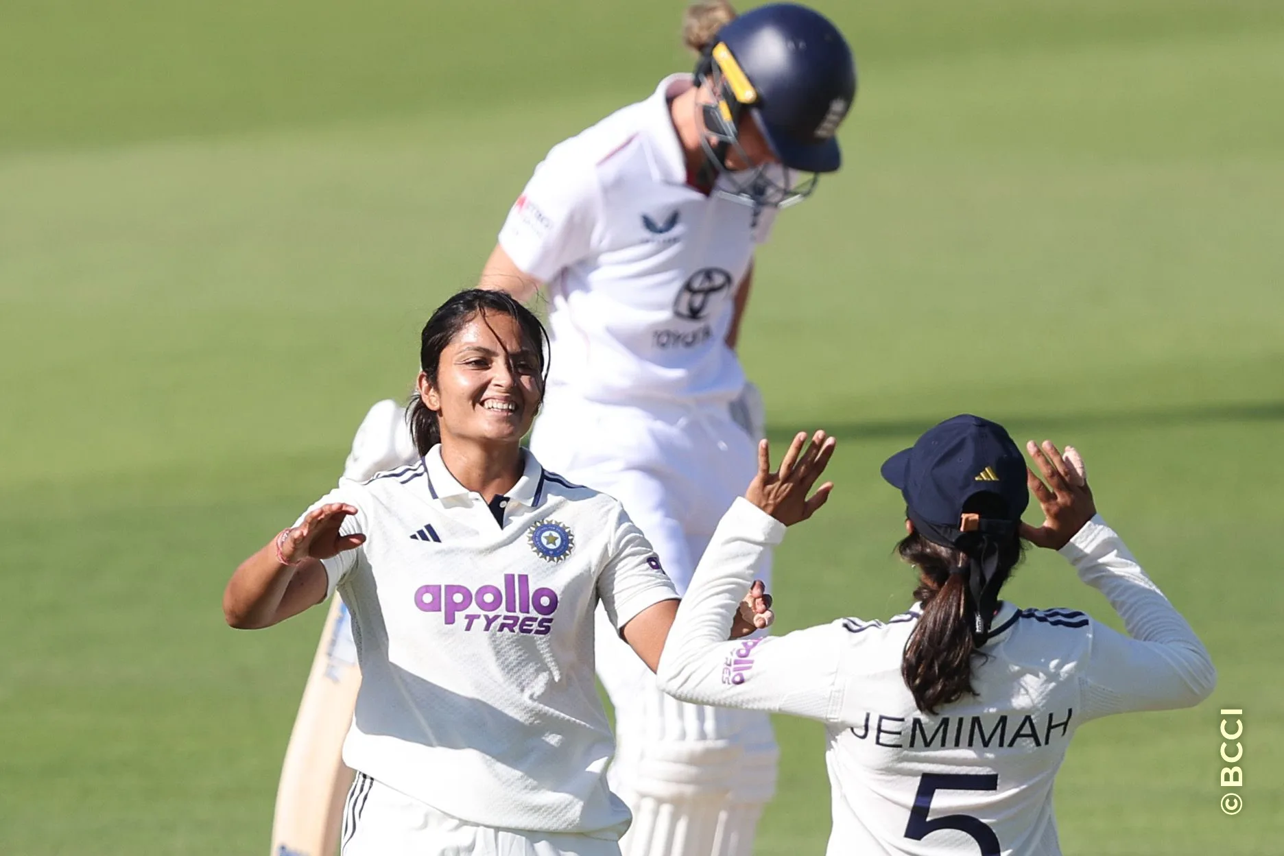 Sayali Satghare of India celebrates the wicket of Alice Capsey of England during Day 3 of the Only Test match between England Women and India Women at Lord's Cricket Ground, London, England, on July 12, 2026.Photo by Pankaj Nangia / CREIMAS for BCCI