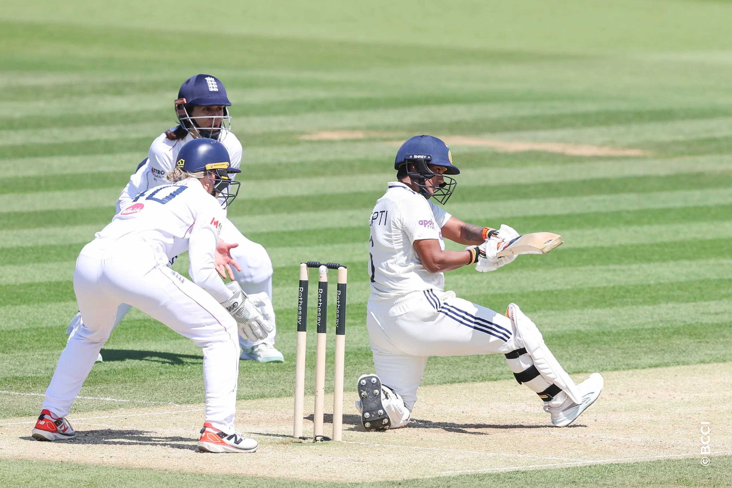 Deepti Sharma of India plays a shot during Day 3 of the Only Test match between England Women and India Women at Lord's Cricket Ground, London, England, on July 12, 2026.Photo by Pankaj Nangia / CREIMAS for BCCI