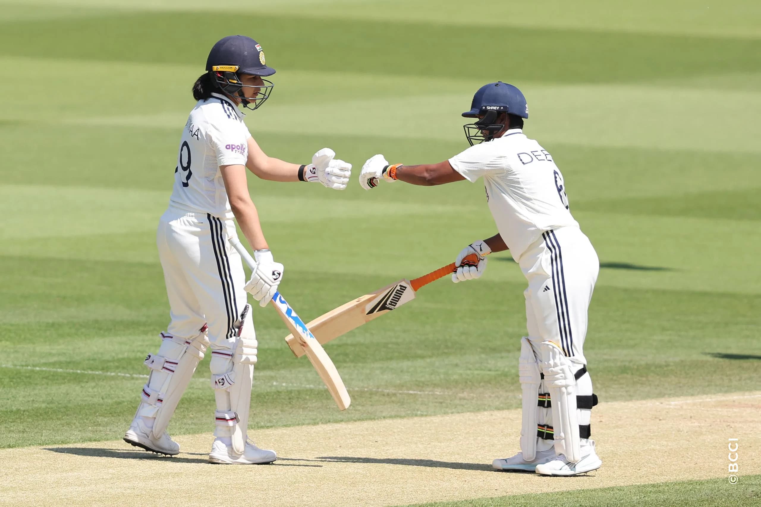 Deepti Sharma of India and Yastika Bhatia of India  during Day 3 of the Only Test match between England Women and India Women at Lord's Cricket Ground, London, England, on July 12, 2026.Photo by Pankaj Nangia / CREIMAS for BCCI