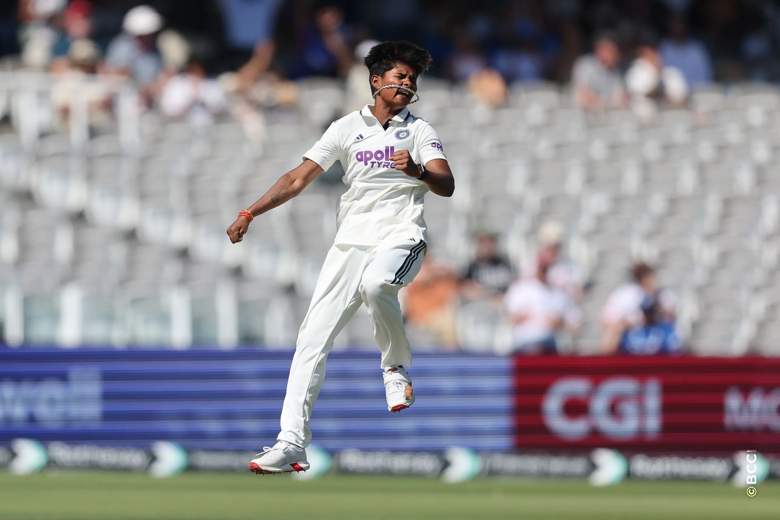 Kranti Gaud of India celebrates the wicket of Tammy Beaumont of England  during Day 3 of the Only Test match between England Women and India Women at Lord's Cricket Ground, London, England, on July 12, 2026.Photo by Pankaj Nangia / CREIMAS for BCCI