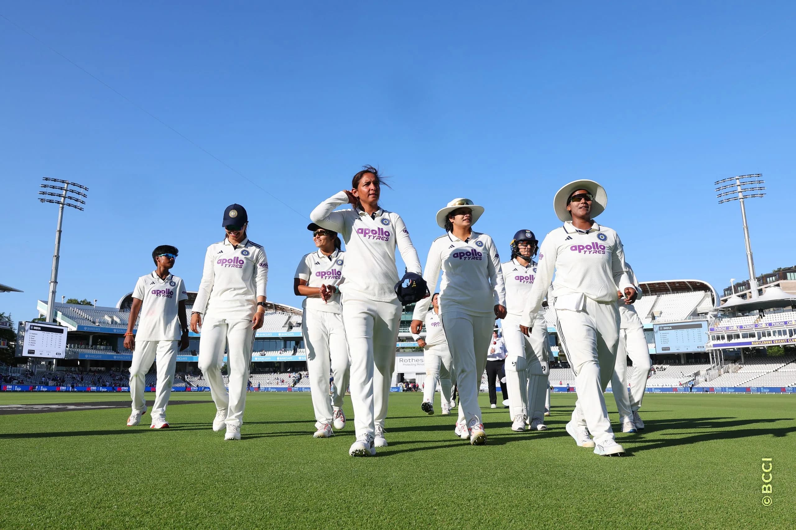 Indian players walk back after the Day 3 of the Only Test match between England Women and India Women at Lord's Cricket Ground, London, England, on July 12, 2026.Photo by Pankaj Nangia / CREIMAS for BCCI