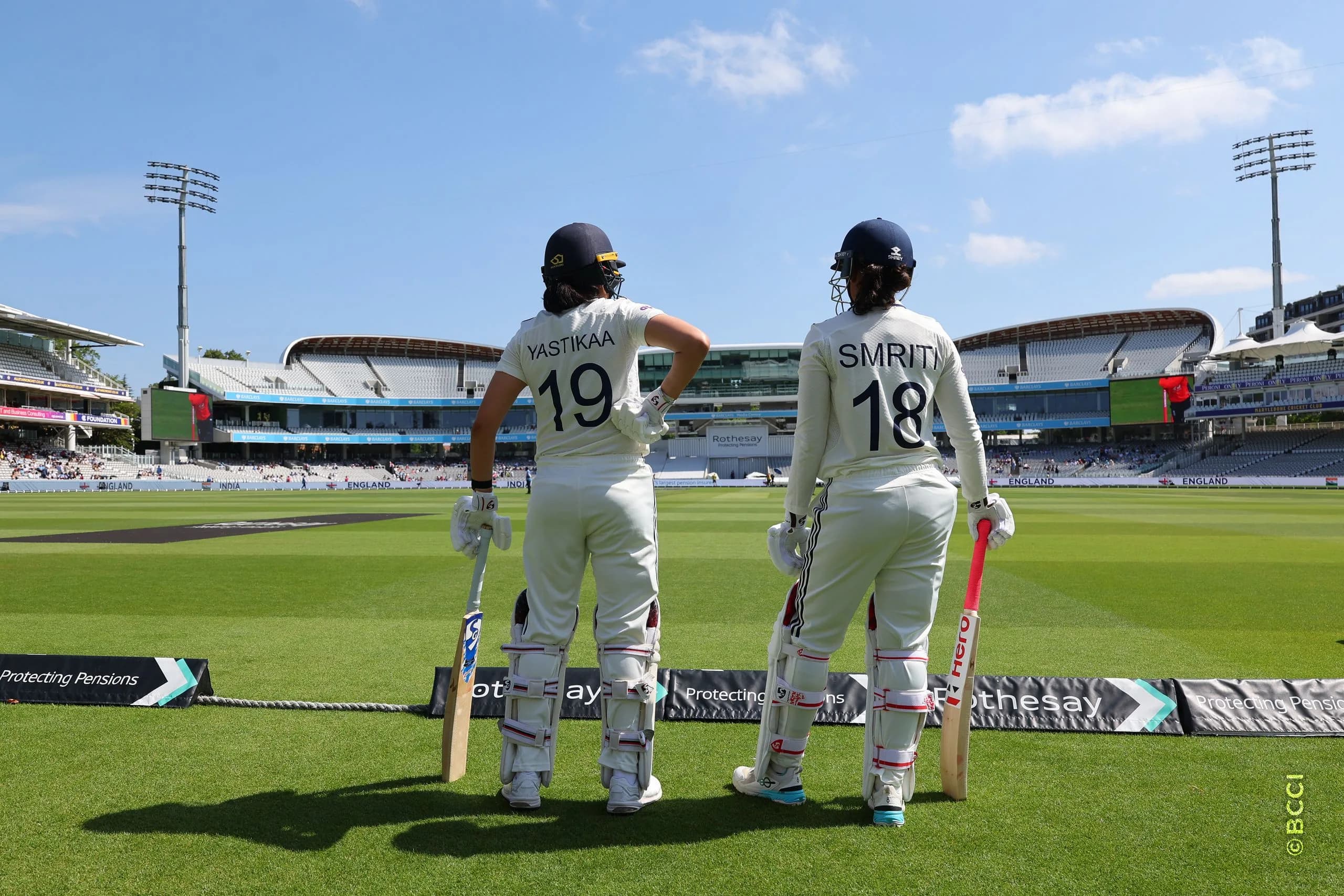Smriti Mandhana of India and Yastika Bhatia of India during Day 3 of the Only Test match between England Women and India Women at Lord's Cricket Ground, London, England, on July 12, 2026.Photo by Pankaj Nangia / CREIMAS for BCCI