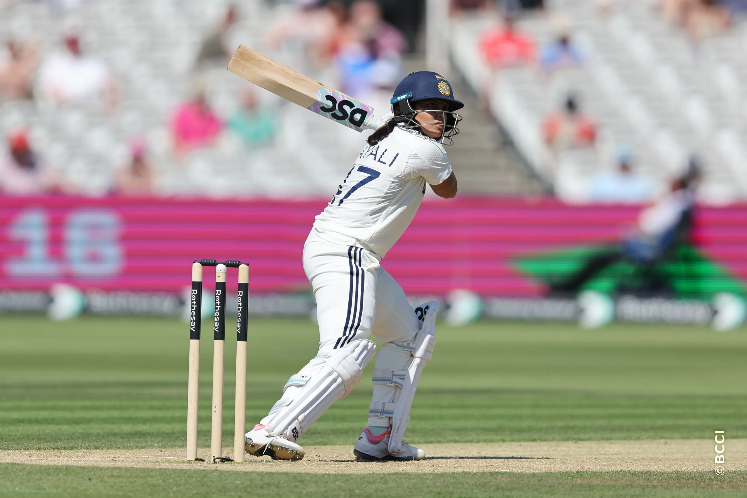 Richa Ghosh of India plays a shot during Day 3 of the Only Test match between England Women and India Women at Lord's Cricket Ground, London, England, on July 12, 2026.Photo by Pankaj Nangia / CREIMAS for BCCI