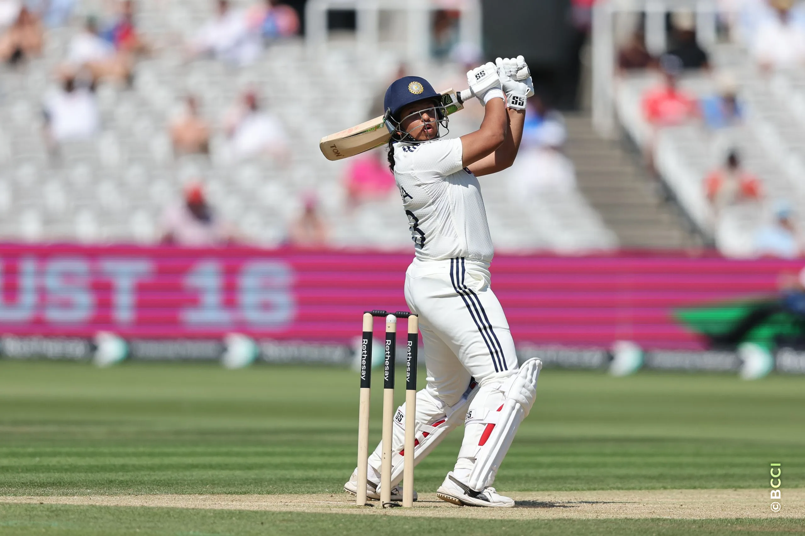 Richa Ghosh of India plays a shot during Day 3 of the Only Test match between England Women and India Women at Lord's Cricket Ground, London, England, on July 12, 2026.Photo by Pankaj Nangia / CREIMAS for BCCI