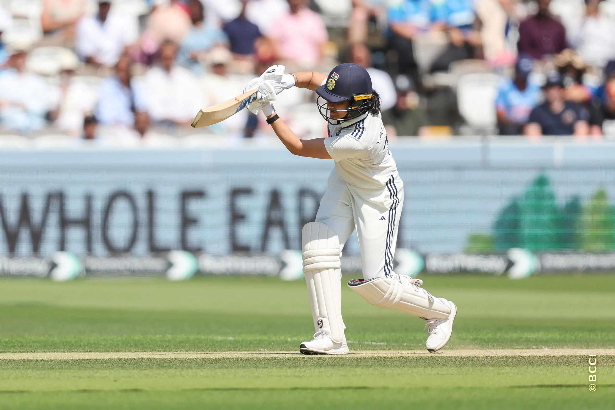 Yastika Bhatia of India plays a shot during Day 3 of the Only Test match between England Women and India Women at Lord's Cricket Ground, London, England, on July 12, 2026.Photo by Pankaj Nangia / CREIMAS for BCCI