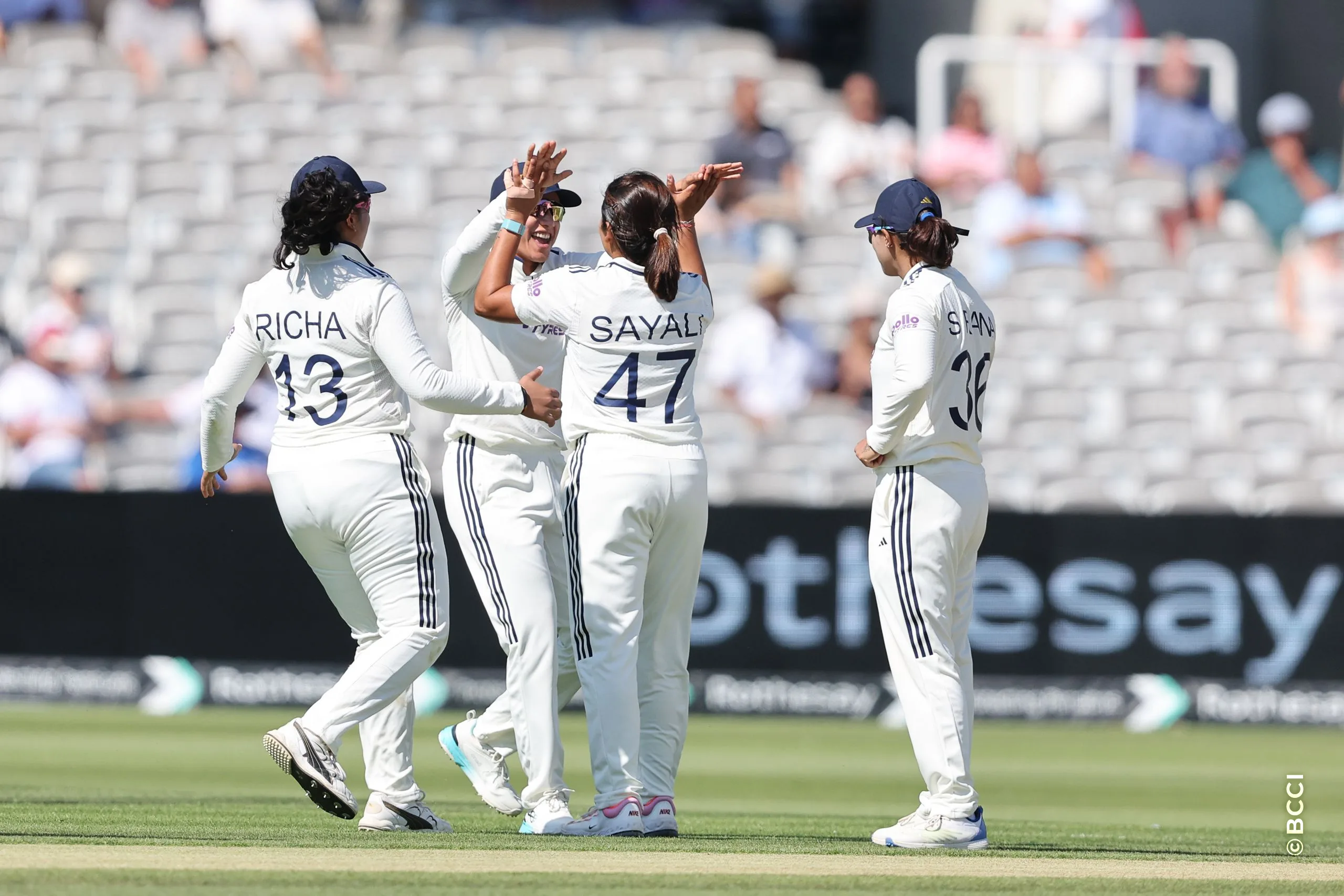 Sayali Satghare of India celebrates the wicket of England  player during Day 3 of the Only Test match between England Women and India Women at Lord's Cricket Ground, London, England, on July 12, 2026.Photo by Pankaj Nangia / CREIMAS for BCCI