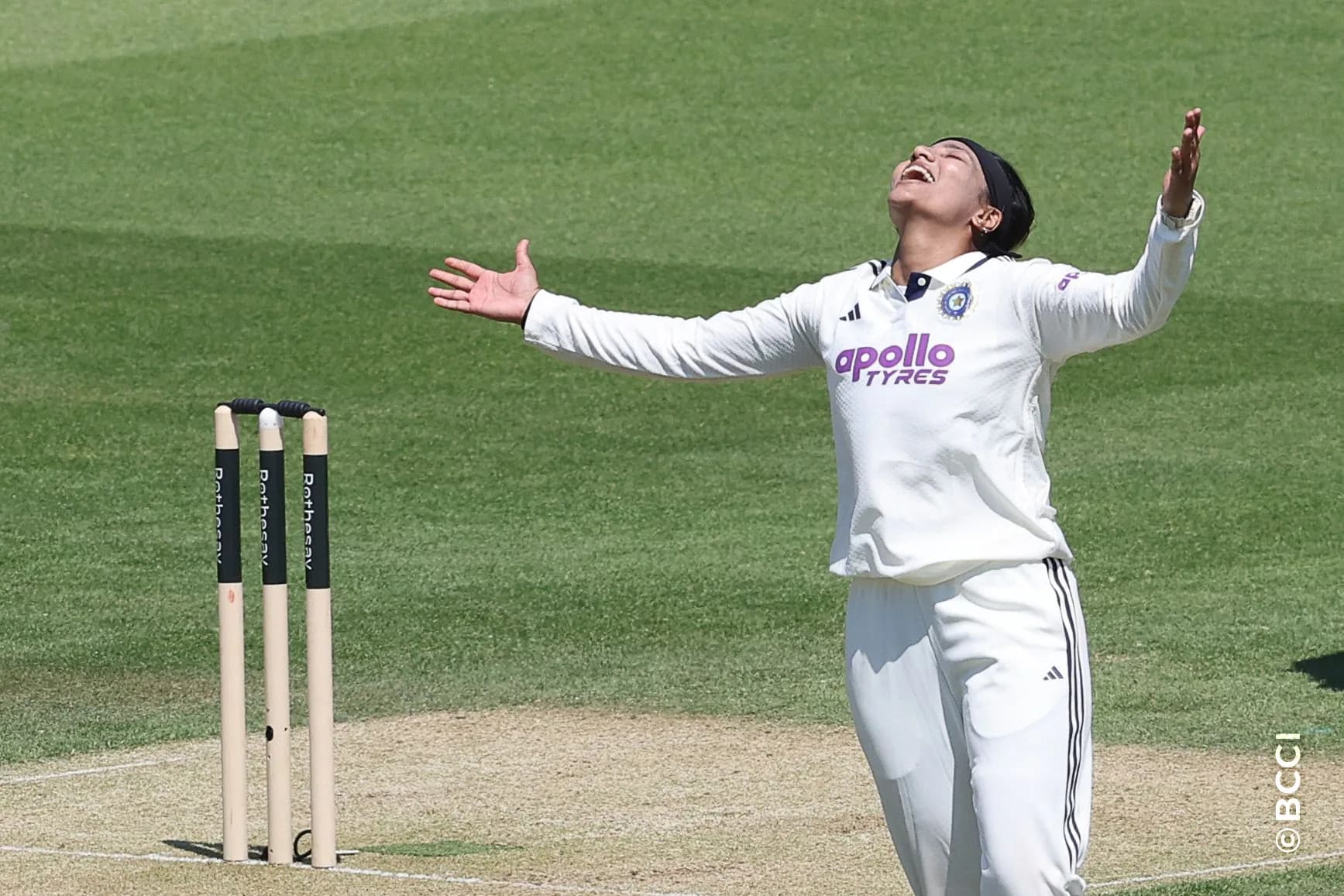 Sneh Rana of India celebrates the wicket of Amy Jones of England  during Day 2 of the Only Test match between England Women and India Women at Lord's Cricket Ground, London, England, on July 11, 2026.Photo by Pankaj Nangia / CREIMAS for BCCI