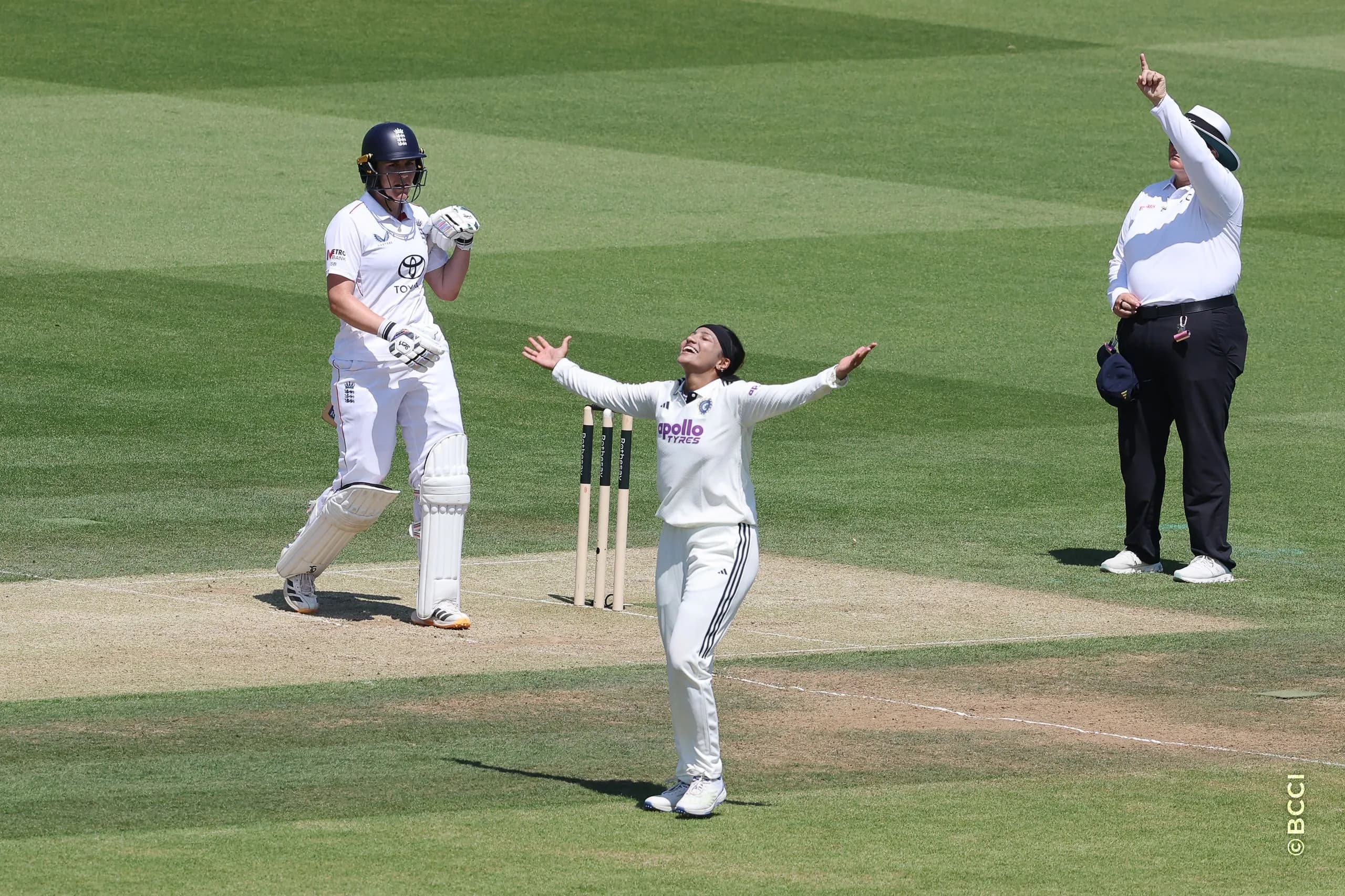 Sneh Rana of India celebrates the wicket of Amy Jones of England  during Day 2 of the Only Test match between England Women and India Women at Lord's Cricket Ground, London, England, on July 11, 2026.Photo by Pankaj Nangia / CREIMAS for BCCI