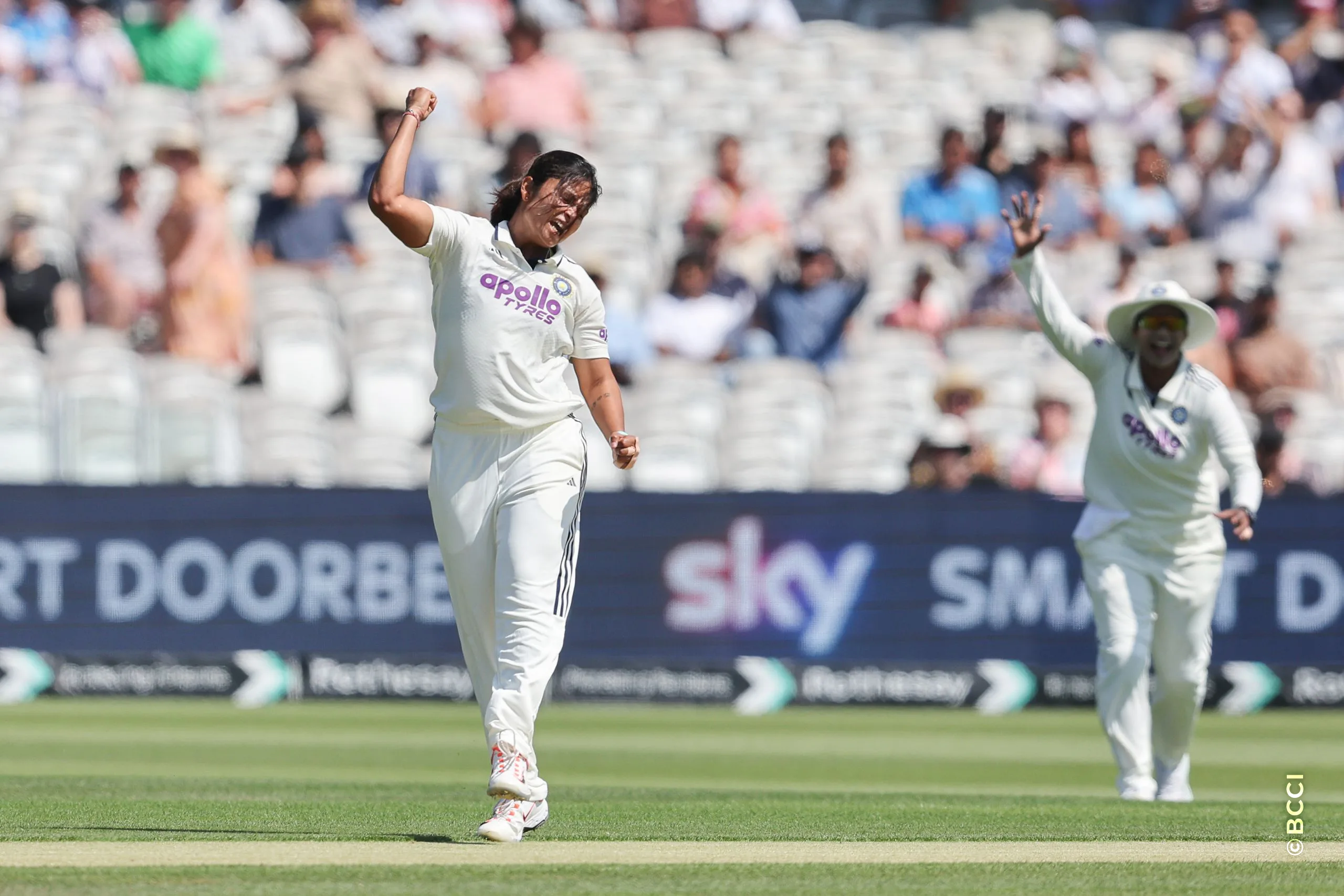 Sayali Satghare of India celebrates the wicket of England player during Day 2 of the Only Test match between England Women and India Women at Lord's Cricket Ground, London, England, on July 11, 2026.Photo by Pankaj Nangia / CREIMAS for BCCI