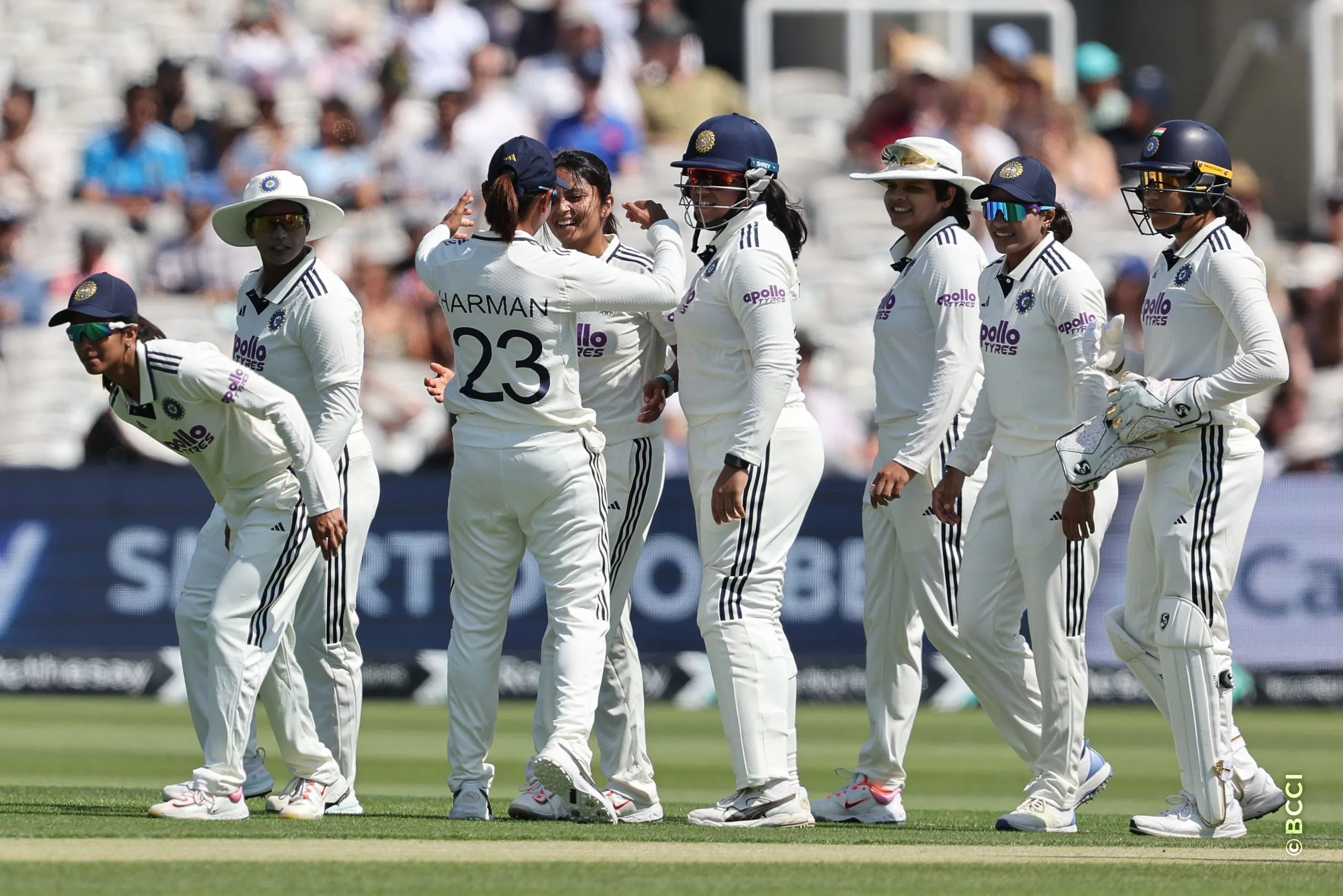 Sayali Satghare of India celebrates the wicket of England player during Day 2 of the Only Test match between England Women and India Women at Lord's Cricket Ground, London, England, on July 11, 2026.Photo by Pankaj Nangia / CREIMAS for BCCI