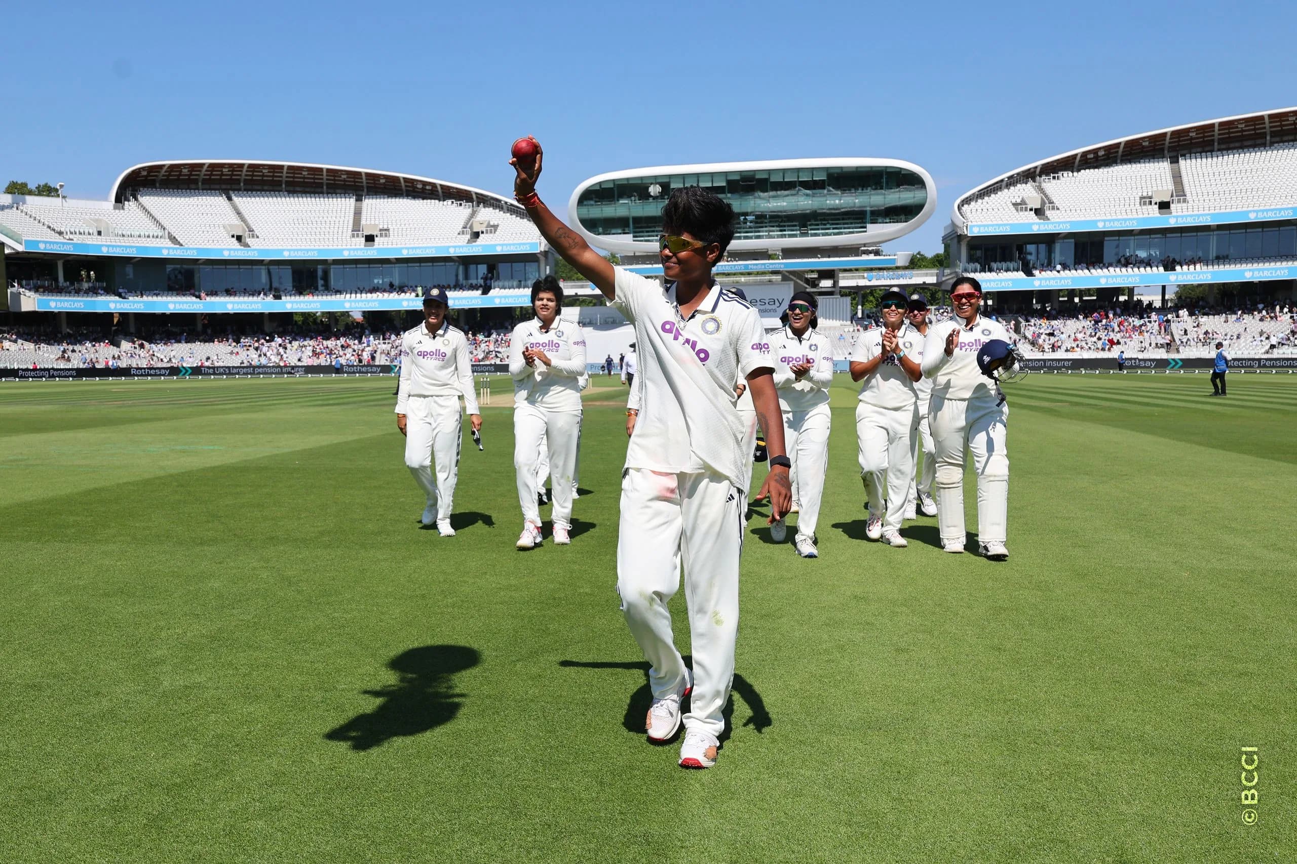 Kranti Gaud of India celebrates after taking her 5th wicket during the presentation of the during Day 2 of the Only Test match between England Women and India Women at Lord's Cricket Ground, London, England, on July 11, 2026.Photo by Pankaj Nangia / CREIMAS for BCCI