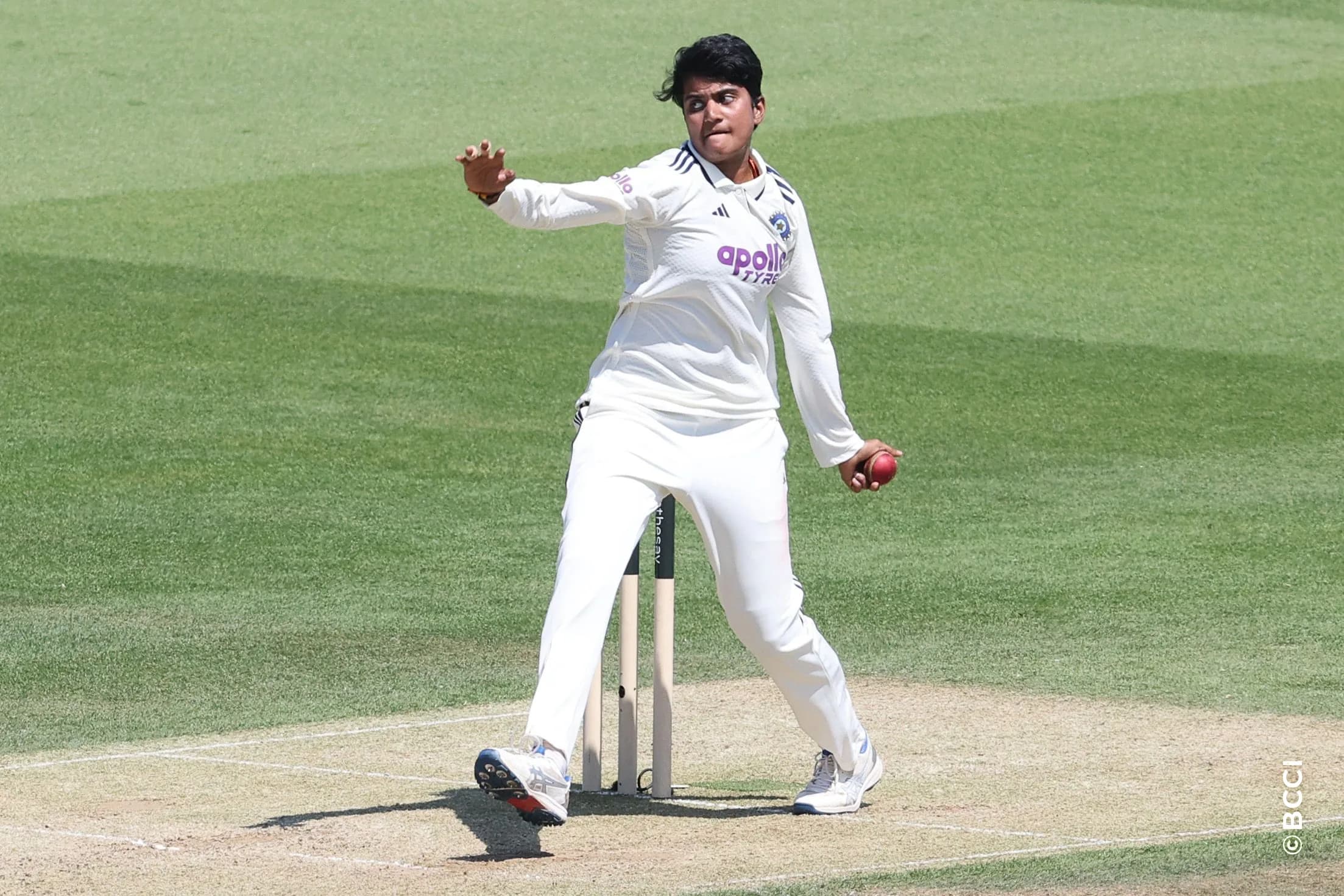 Shree Charani of India delivers a ball  during Day 2 of the Only Test match between England Women and India Women at Lord's Cricket Ground, London, England, on July 11, 2026.Photo by Pankaj Nangia / CREIMAS for BCCI