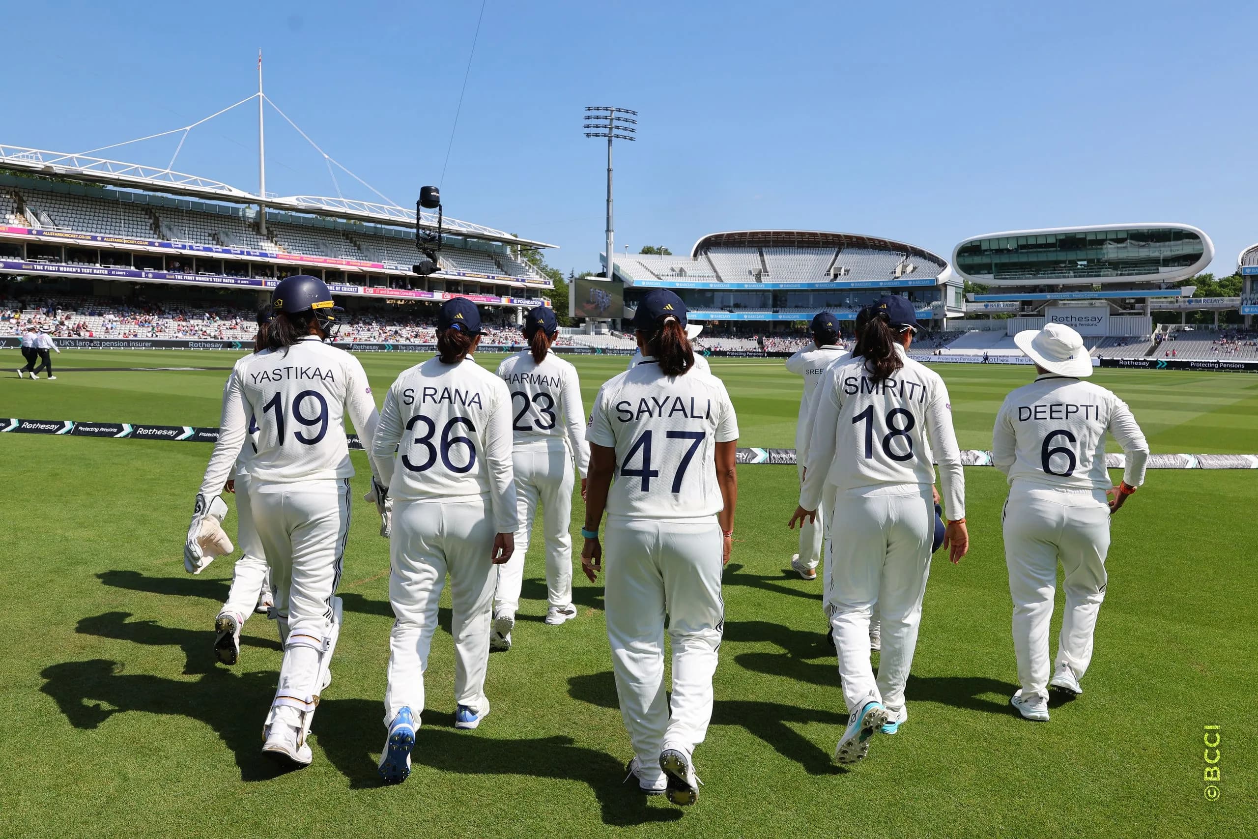 Indian players during Day 2 of the Only Test match between England Women and India Women at Lord's Cricket Ground, London, England, on July 11, 2026.Photo by Pankaj Nangia / CREIMAS for BCCI