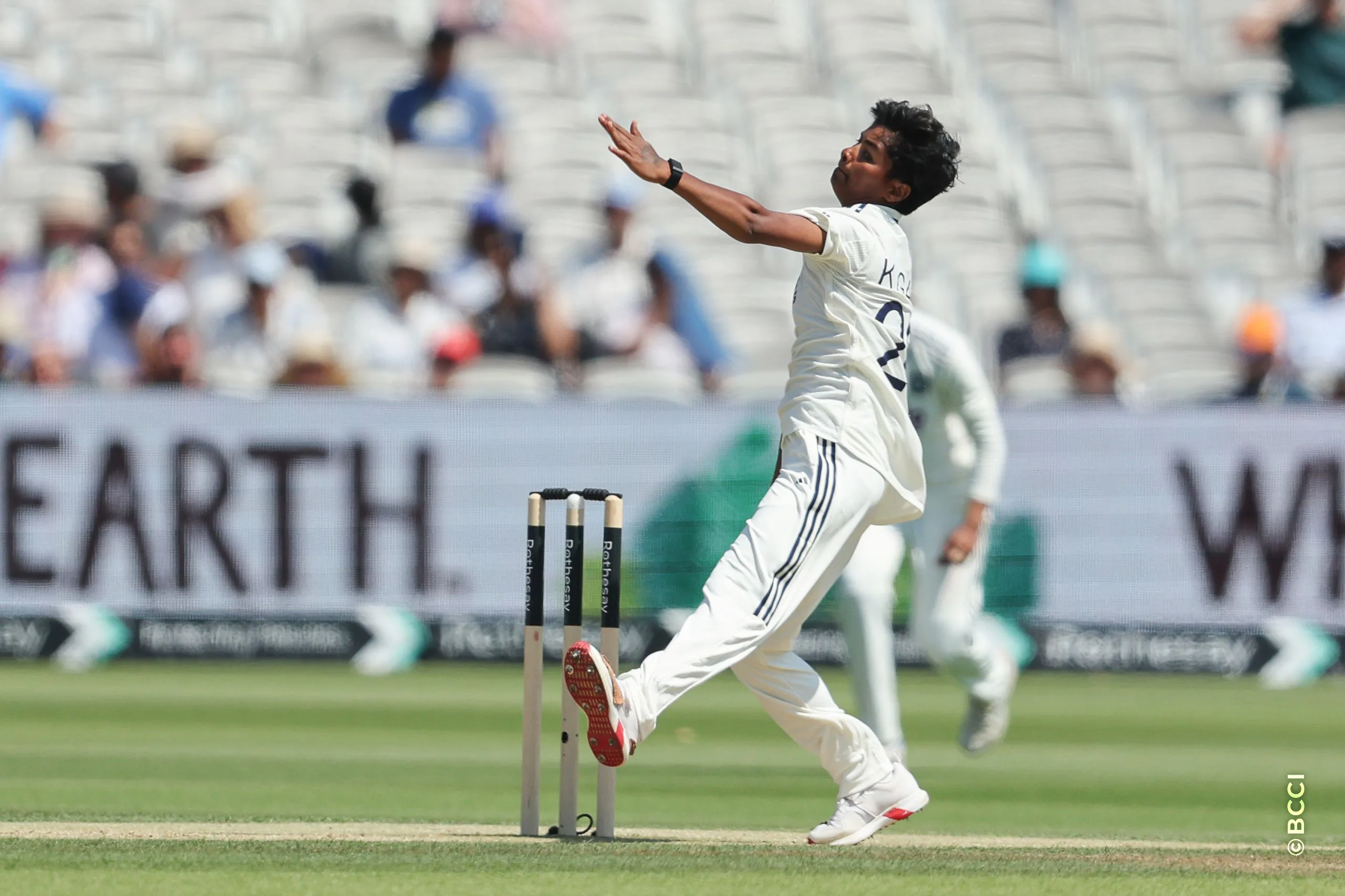 Kranti Gaud of India delivers a ball  during Day 2 of the Only Test match between England Women and India Women at Lord's Cricket Ground, London, England, on July 11, 2026.Photo by Pankaj Nangia / CREIMAS for BCCI
