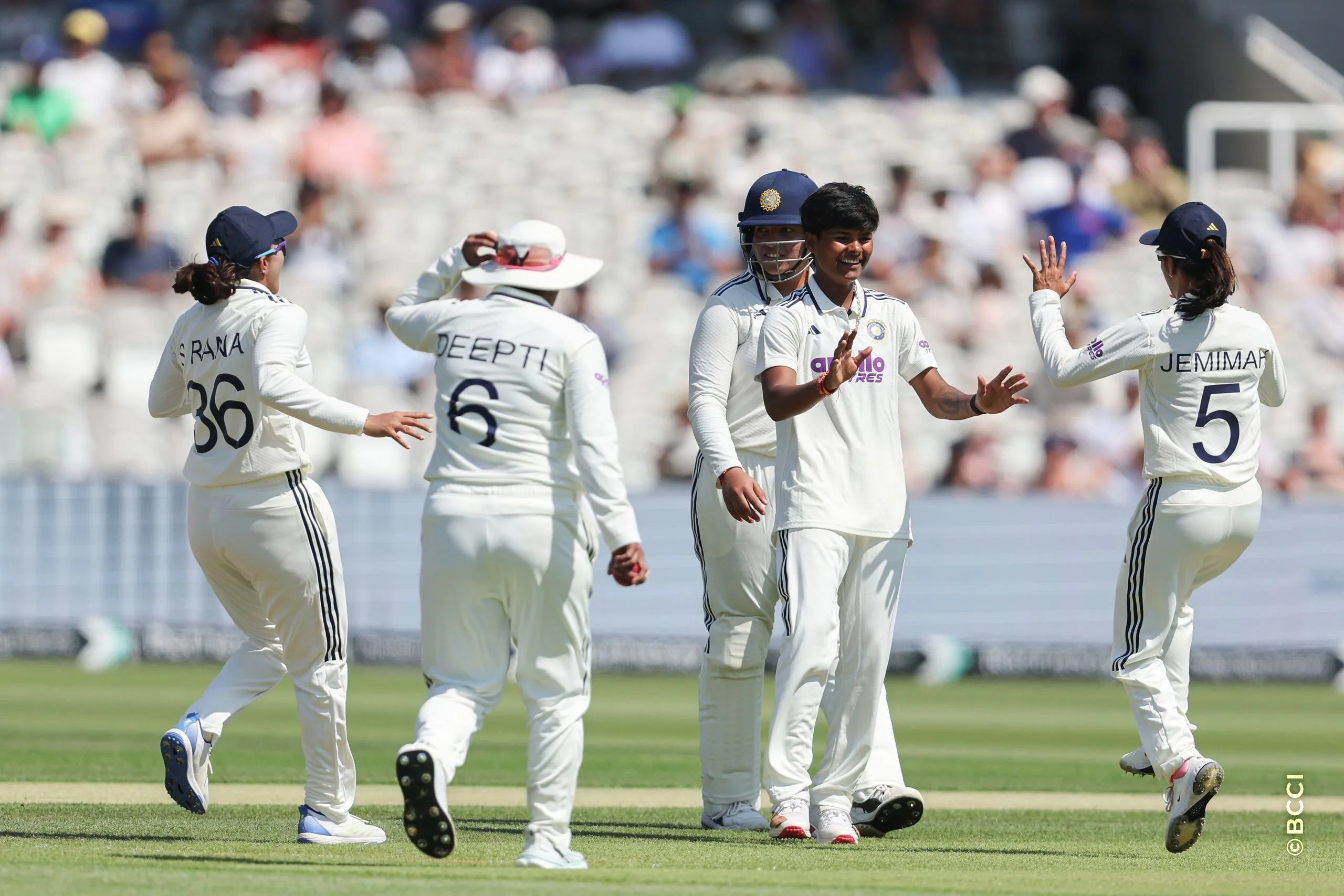 Kranti Gaud of India celebrates the wicket of England players during Day 2 of the Only Test match between England Women and India Women at Lord's Cricket Ground, London, England, on July 11, 2026.Photo by Pankaj Nangia / CREIMAS for BCCI