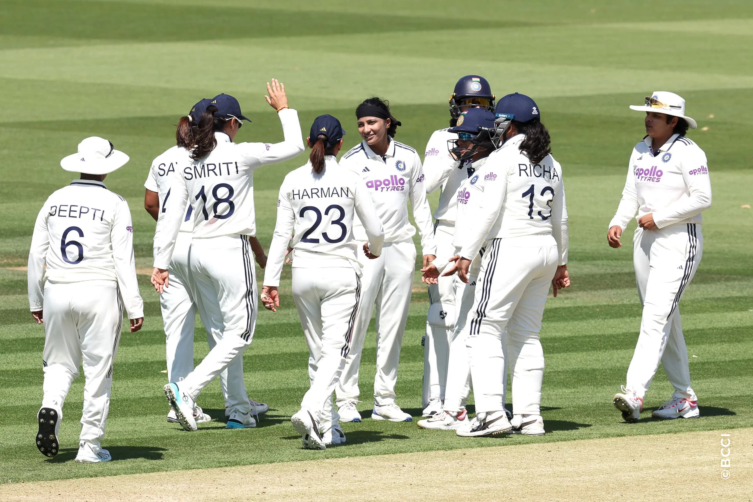 Sneh Rana of India  celebrates the wicket of  Mady Villiers of England  during Day 2 of the Only Test match between England Women and India Women at Lord's Cricket Ground, London, England, on July 11, 2026.Photo by Pankaj Nangia / CREIMAS for BCCI