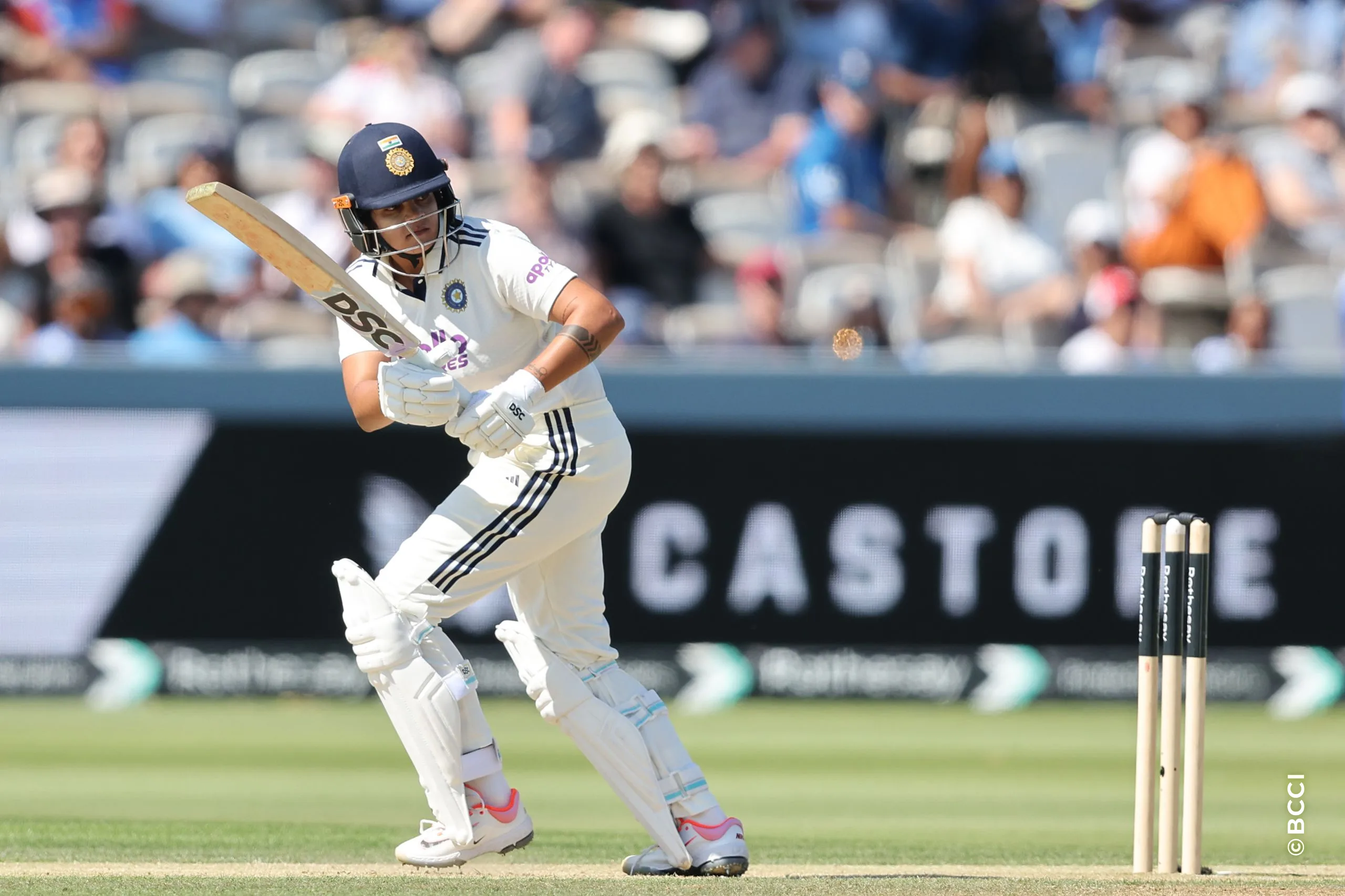 Shafali Verma of India plays a shot during Day 2 of the Only Test match between England Women and India Women at Lord's Cricket Ground, London, England, on July 11, 2026.Photo by Pankaj Nangia / CREIMAS for BCCI