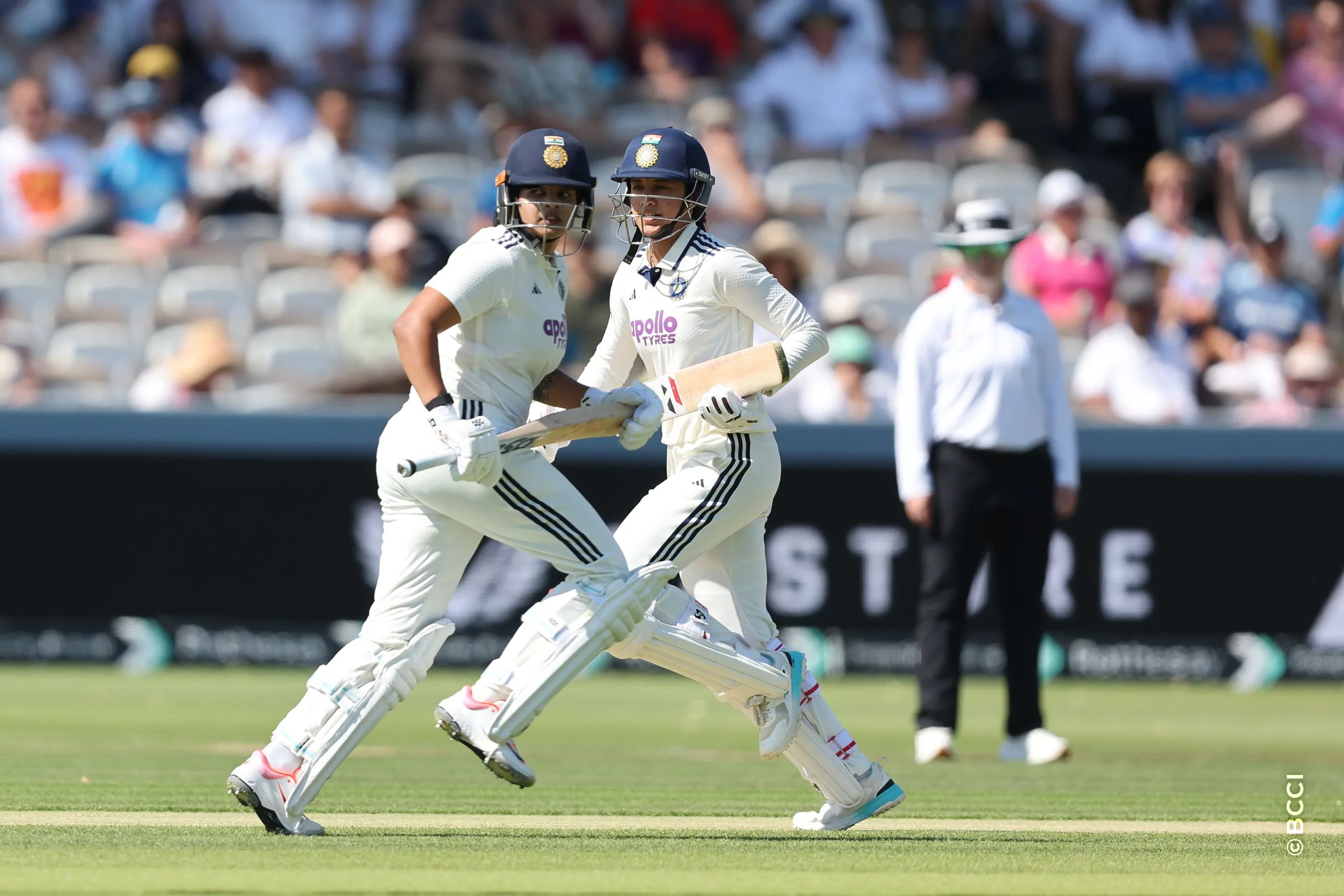 Smriti Mandhana of India and Shafali Verma of India   during Day 2 of the Only Test match between England Women and India Women at Lord's Cricket Ground, London, England, on July 11, 2026.Photo by Pankaj Nangia / CREIMAS for BCCI