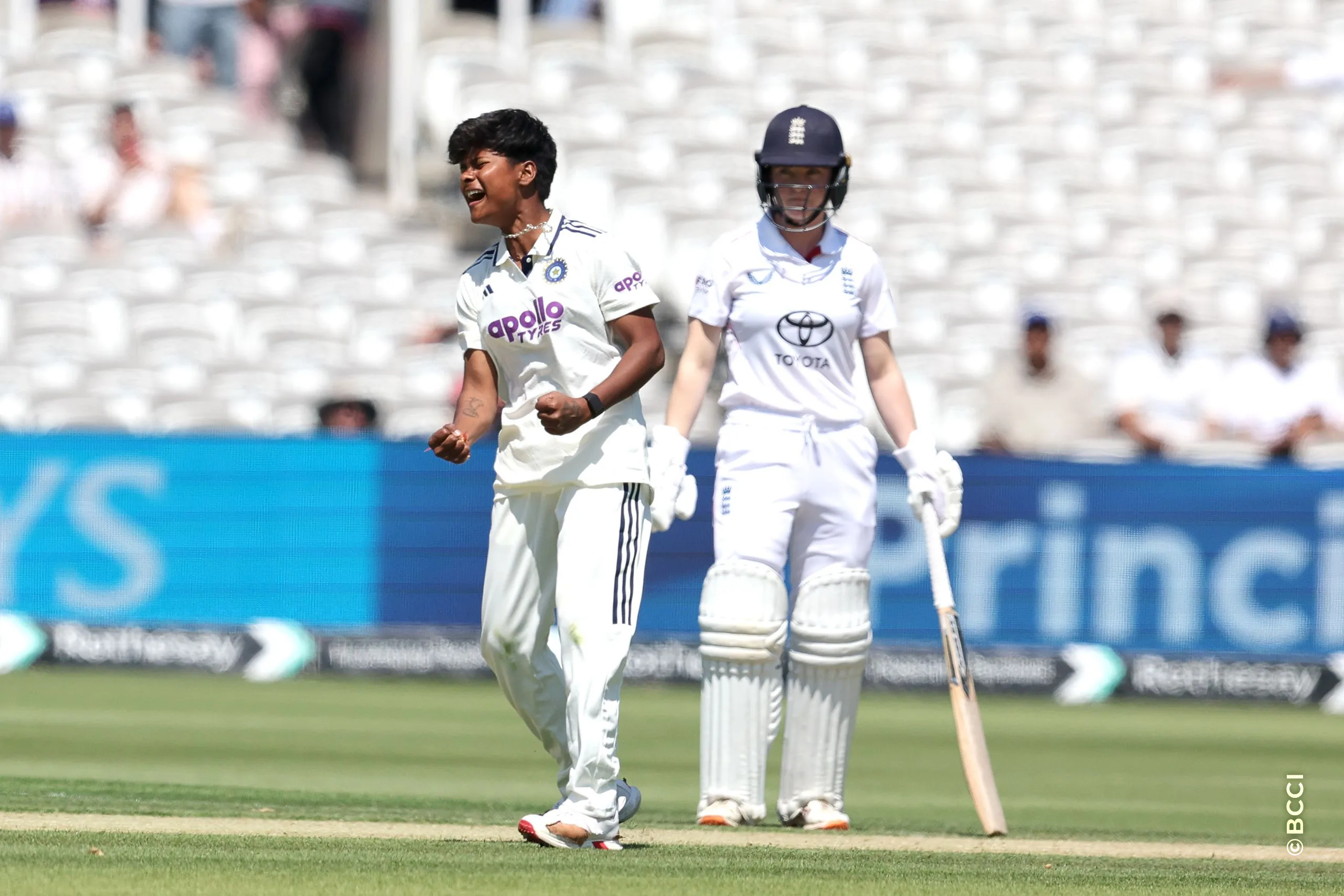 Kranti Gaud of India celebrates the wicket of Nat Sciver-Brunt of England  during Day 2 of the Only Test match between England Women and India Women at Lord's Cricket Ground, London, England, on July 11, 2026.Photo by Pankaj Nangia / CREIMAS for BCCI
