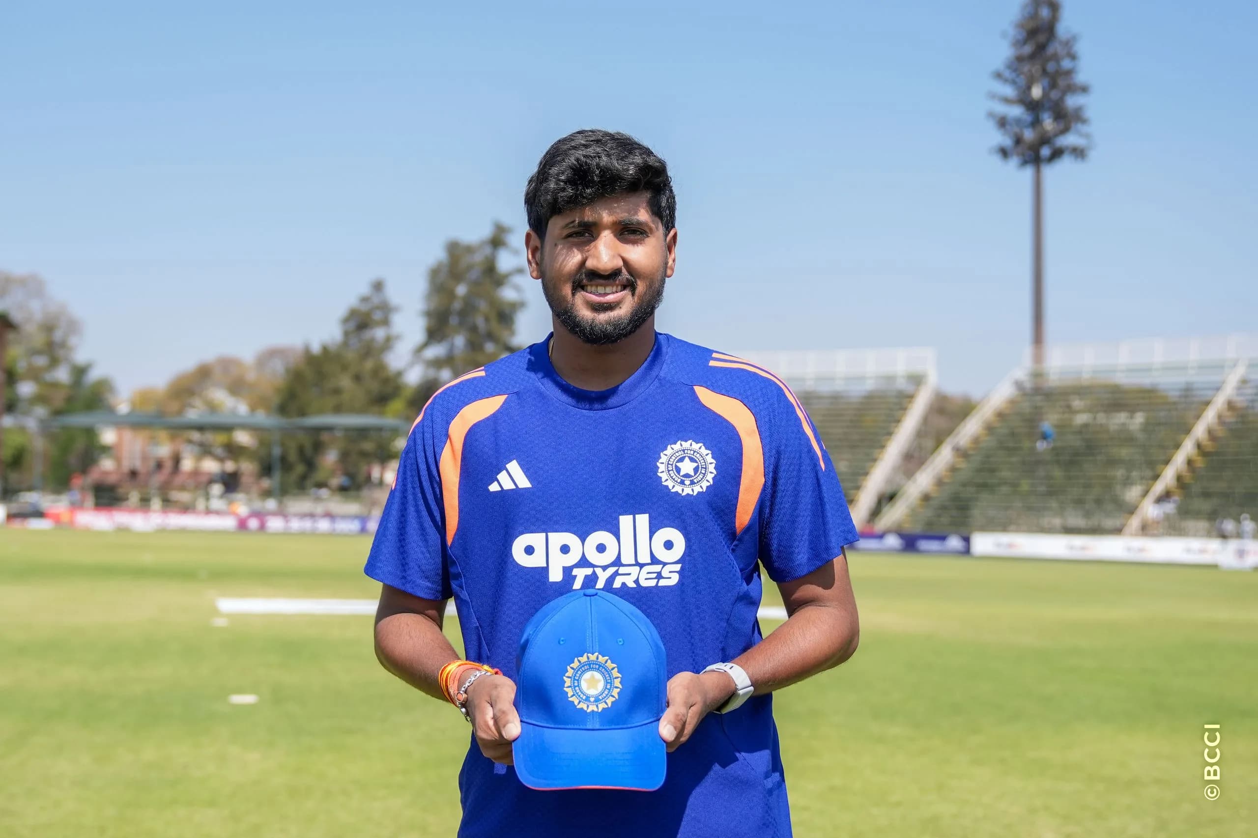 Yash Thakur of India receives his debutant cap during the 2ND T20 International match between Zimbabwe and India at the Harare Sports Club, Harare, Zimbabwe on July 25, 2026.Photo: Faheem Hussain / CREIMAS for BCCI