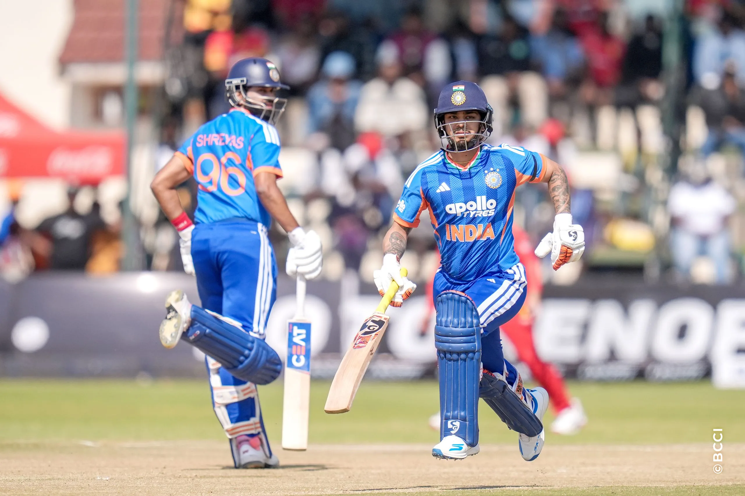 Ishan Kishan (WK) of India and Shreyas Iyer (C) of India running between the wickets during the 2ND T20 International match between Zimbabwe and India at the Harare Sports Club, Harare, Zimbabwe on July 25, 2026.Photo: Faheem Hussain / CREIMAS for BCCI