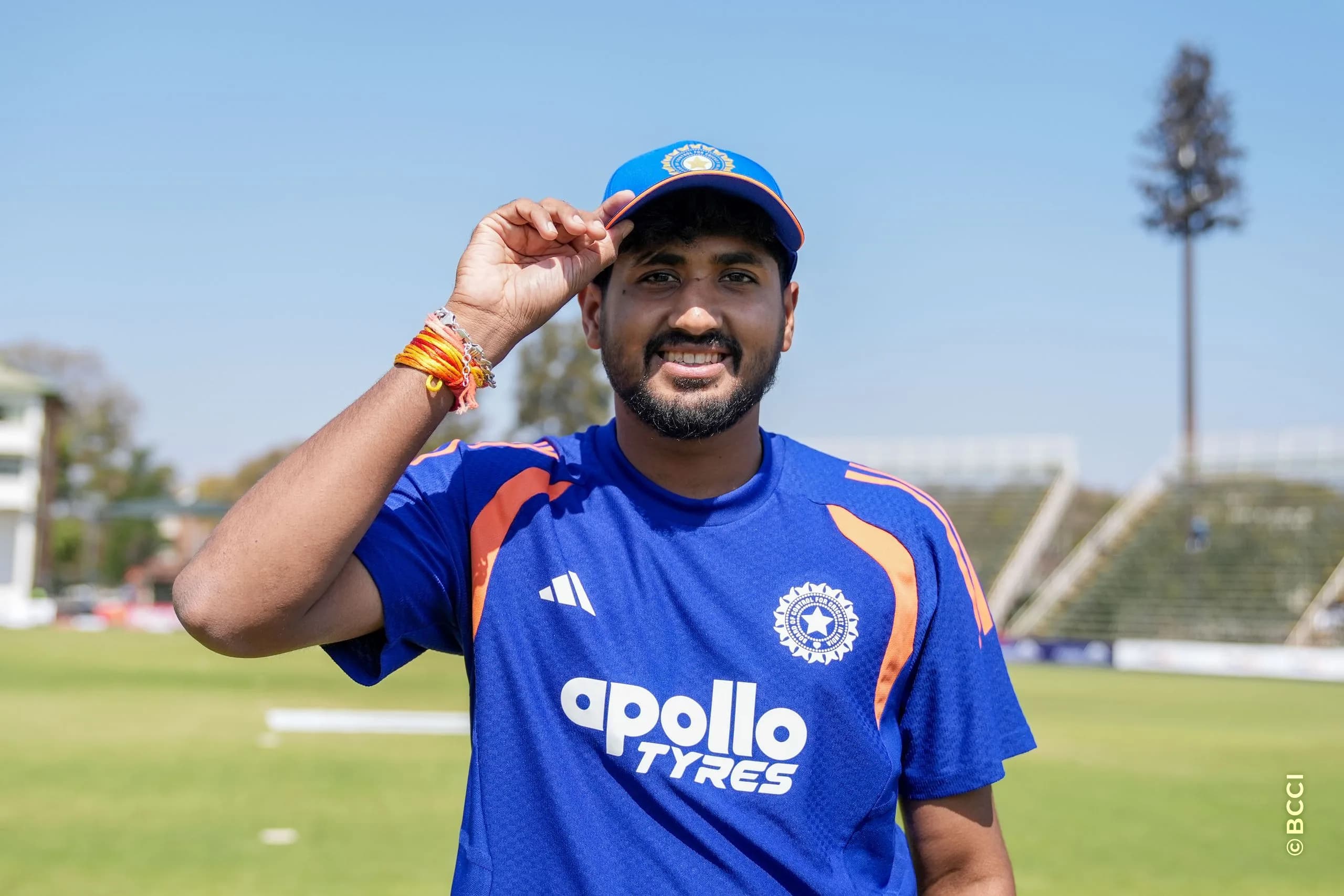 Yash Thakur of India receives his debutant cap during the 2ND T20 International match between Zimbabwe and India at the Harare Sports Club, Harare, Zimbabwe on July 25, 2026.Photo: Faheem Hussain / CREIMAS for BCCI