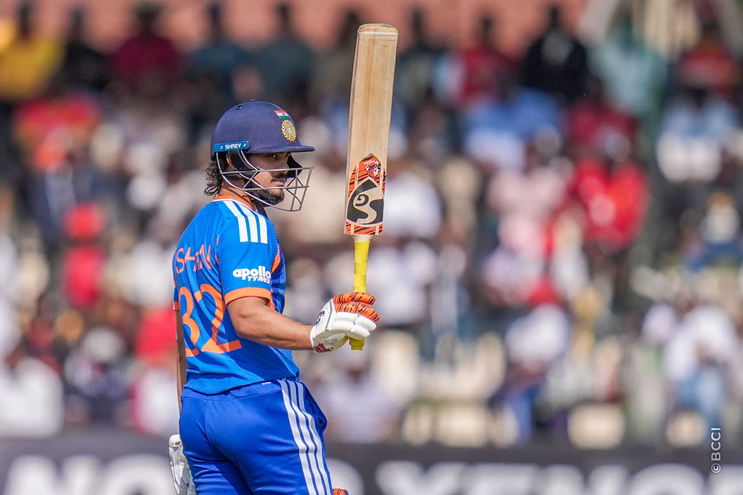 Ishan Kishan (WK) of India raises his bat after scoring a fifty during the 2ND T20 International match between Zimbabwe and India at the Harare Sports Club, Harare, Zimbabwe on July 25, 2026.Photo: Faheem Hussain / CREIMAS for BCCI
