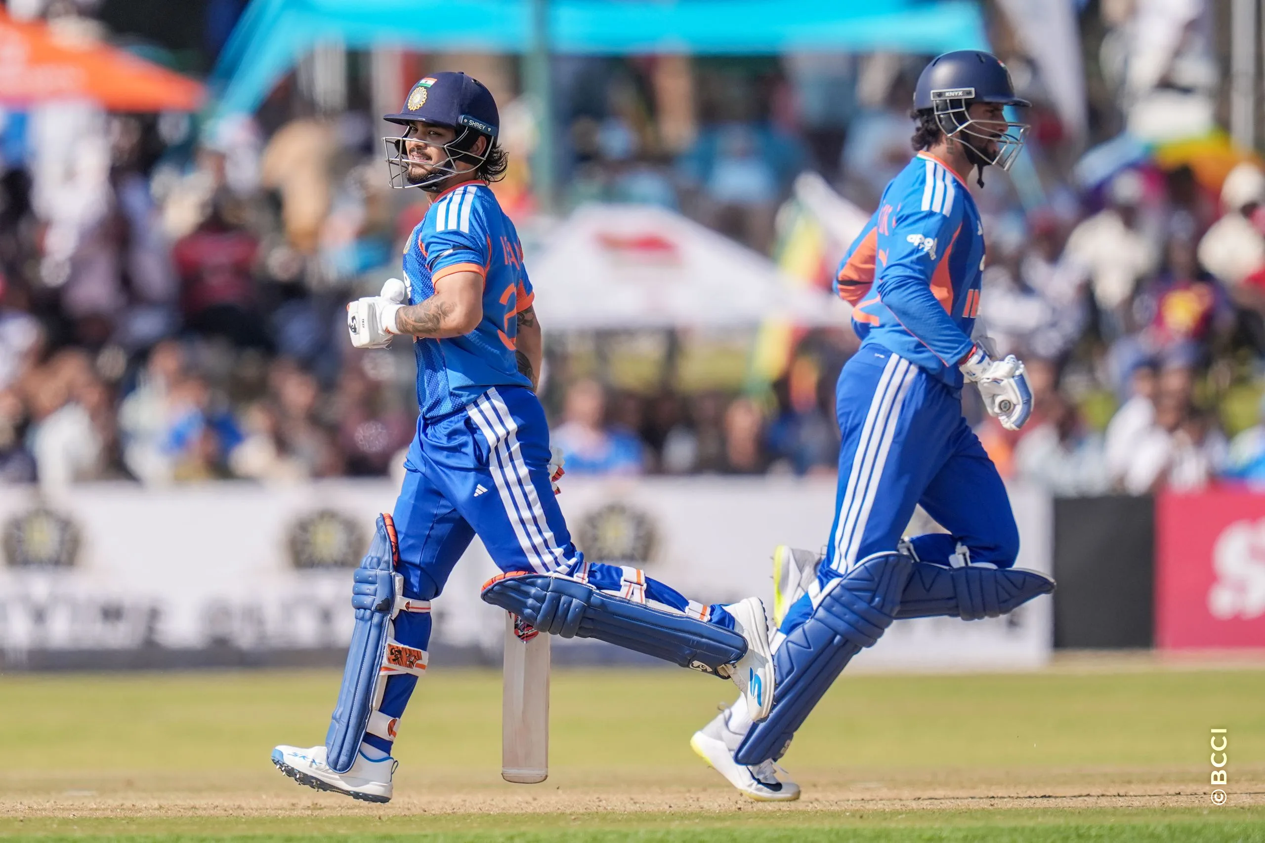 Ishan Kishan (WK) of India and Tilak Varma (VC) of India running between the wickets during the 2ND T20 International match between Zimbabwe and India at the Harare Sports Club, Harare, Zimbabwe on July 25, 2026.Photo: Faheem Hussain / CREIMAS for BCCI
