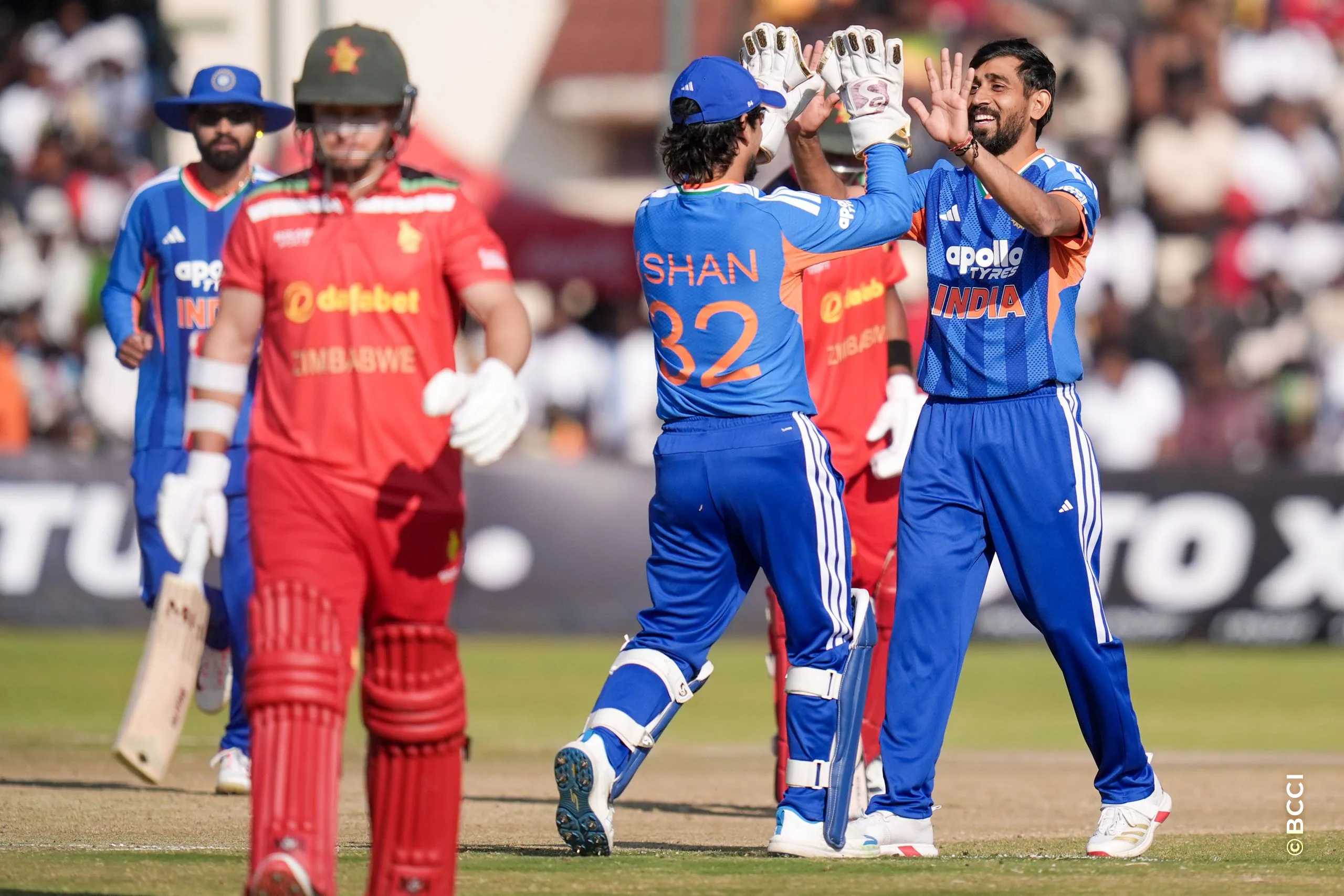 Prince Yadav of India celebrates the wicket of Ben Curran of Zimbabwe during the 2ND T20 International match between Zimbabwe and India at the Harare Sports Club, Harare, Zimbabwe on July 25, 2026.Photo: Faheem Hussain / CREIMAS for BCCI