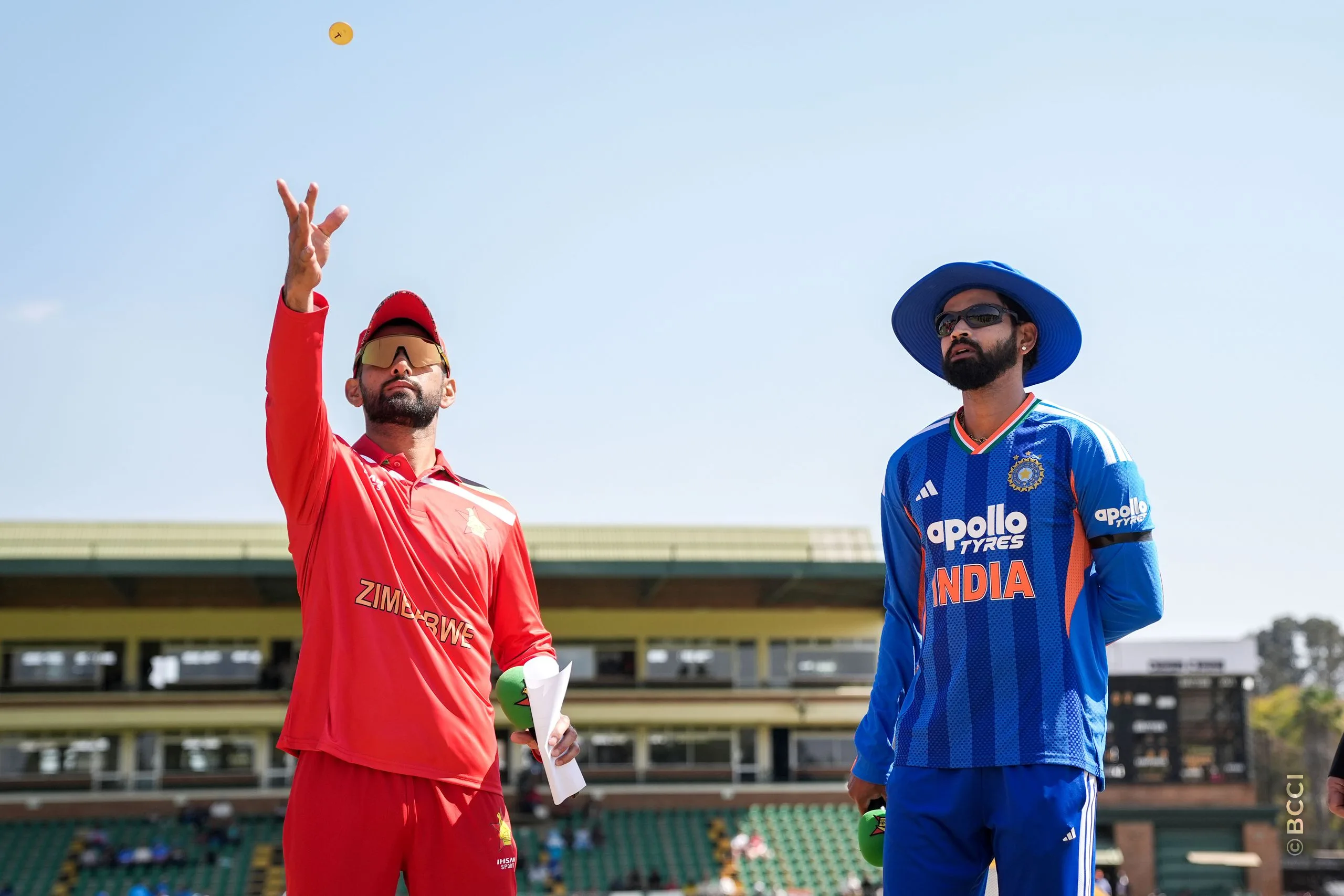 Shreyas Iyer (C) of India and Sikandar Raza (C) of Zimbabwe at the toss during the 2ND T20 International match between Zimbabwe and India at the Harare Sports Club, Harare, Zimbabwe on July 25, 2026.Photo: Faheem Hussain / CREIMAS for BCCI