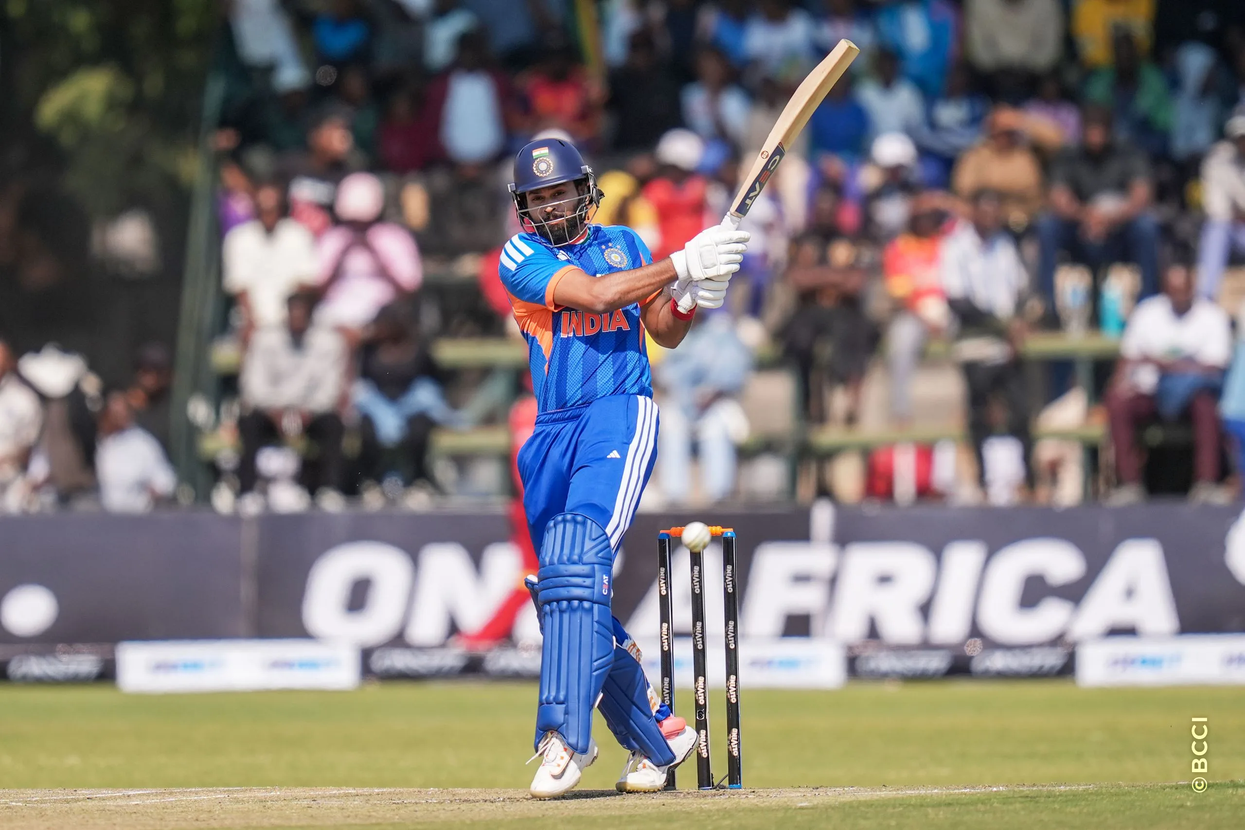 Shreyas Iyer (C) of India plays a shot during the 2ND T20 International match between Zimbabwe and India at the Harare Sports Club, Harare, Zimbabwe on July 25, 2026.Photo: Faheem Hussain / CREIMAS for BCCI