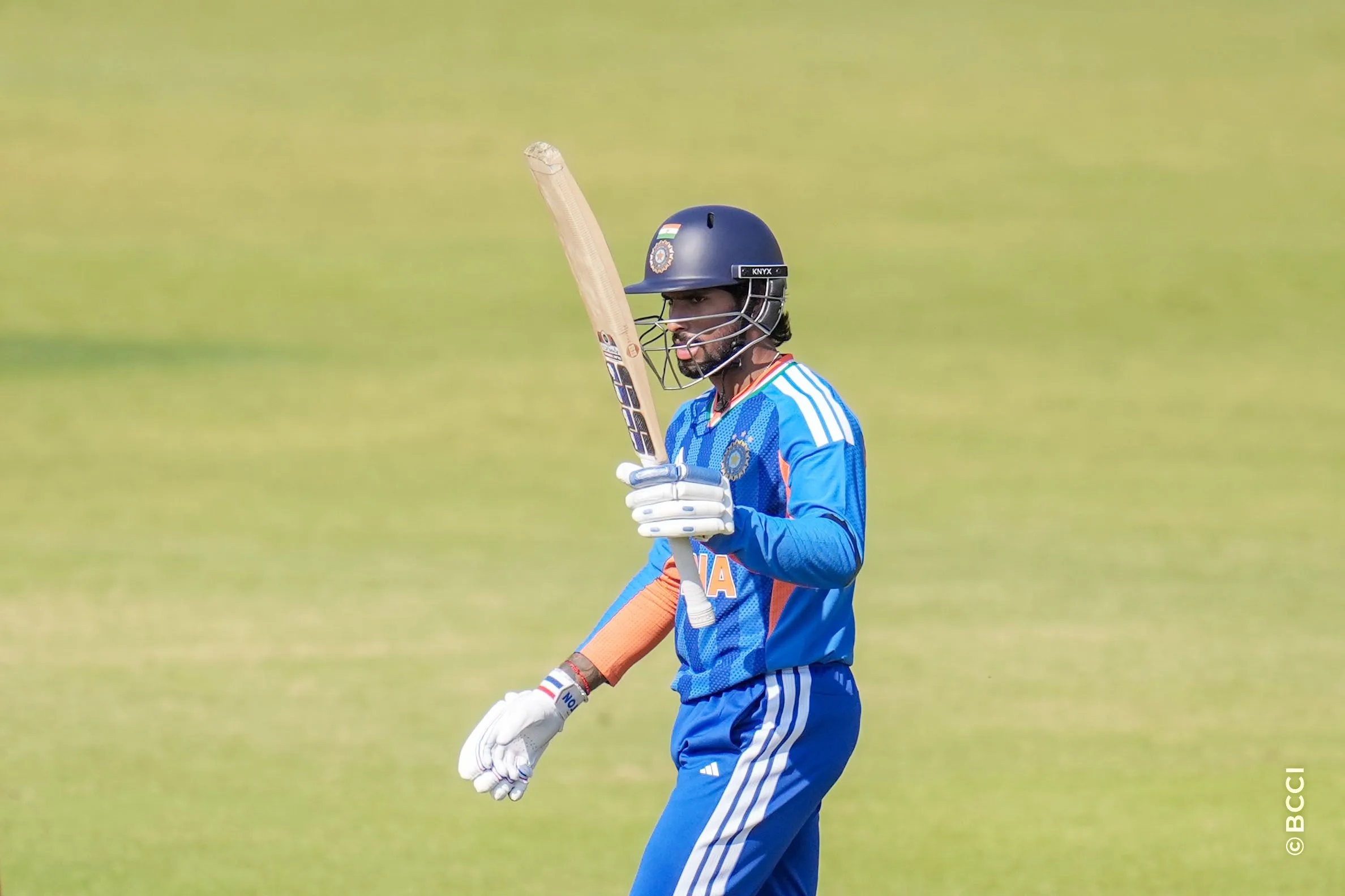 Tilak Varma (VC) of India raises his bat after scoring a fifty during the 2ND T20 International match between Zimbabwe and India at the Harare Sports Club, Harare, Zimbabwe on July 25, 2026.Photo: Faheem Hussain / CREIMAS for BCCI