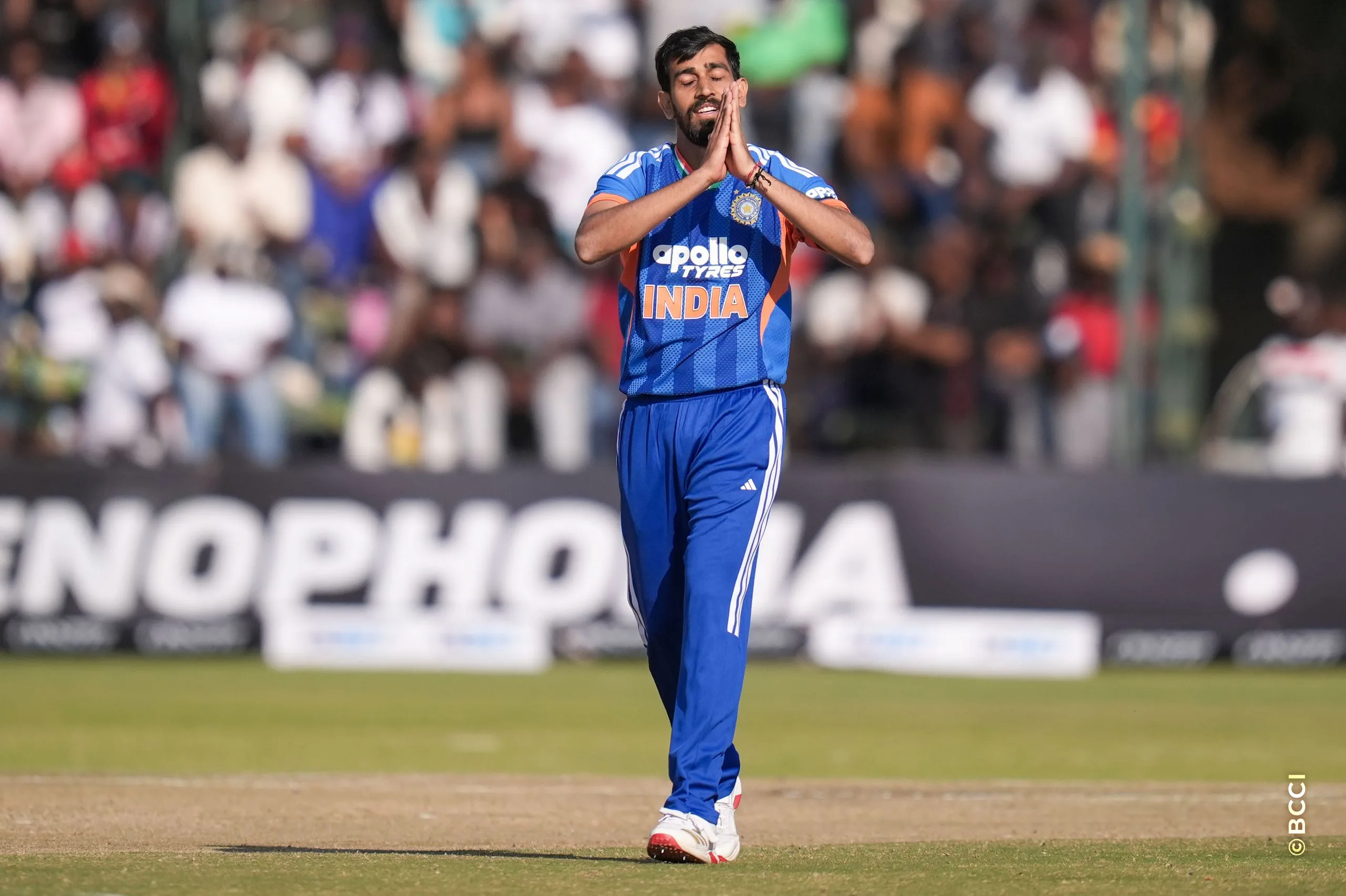Prince Yadav of India celebrates the wicket of Ben Curran of Zimbabwe during the 2ND T20 International match between Zimbabwe and India at the Harare Sports Club, Harare, Zimbabwe on July 25, 2026.Photo: Faheem Hussain / CREIMAS for BCCI