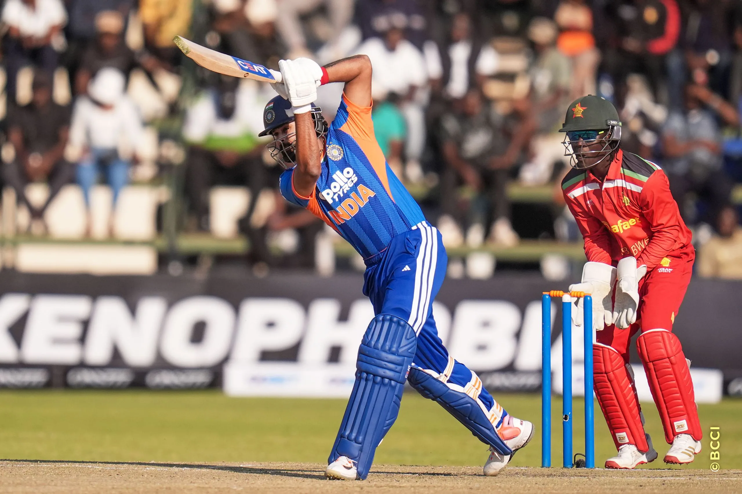 Shreyas Iyer (C) of India plays a shot during the 1st T20 International match between Zimbabwe and India at the Harare Sports Club, Harare, Zimbabwe on July 23, 2026.Photo: Faheem Hussain / CREIMAS for BCCI