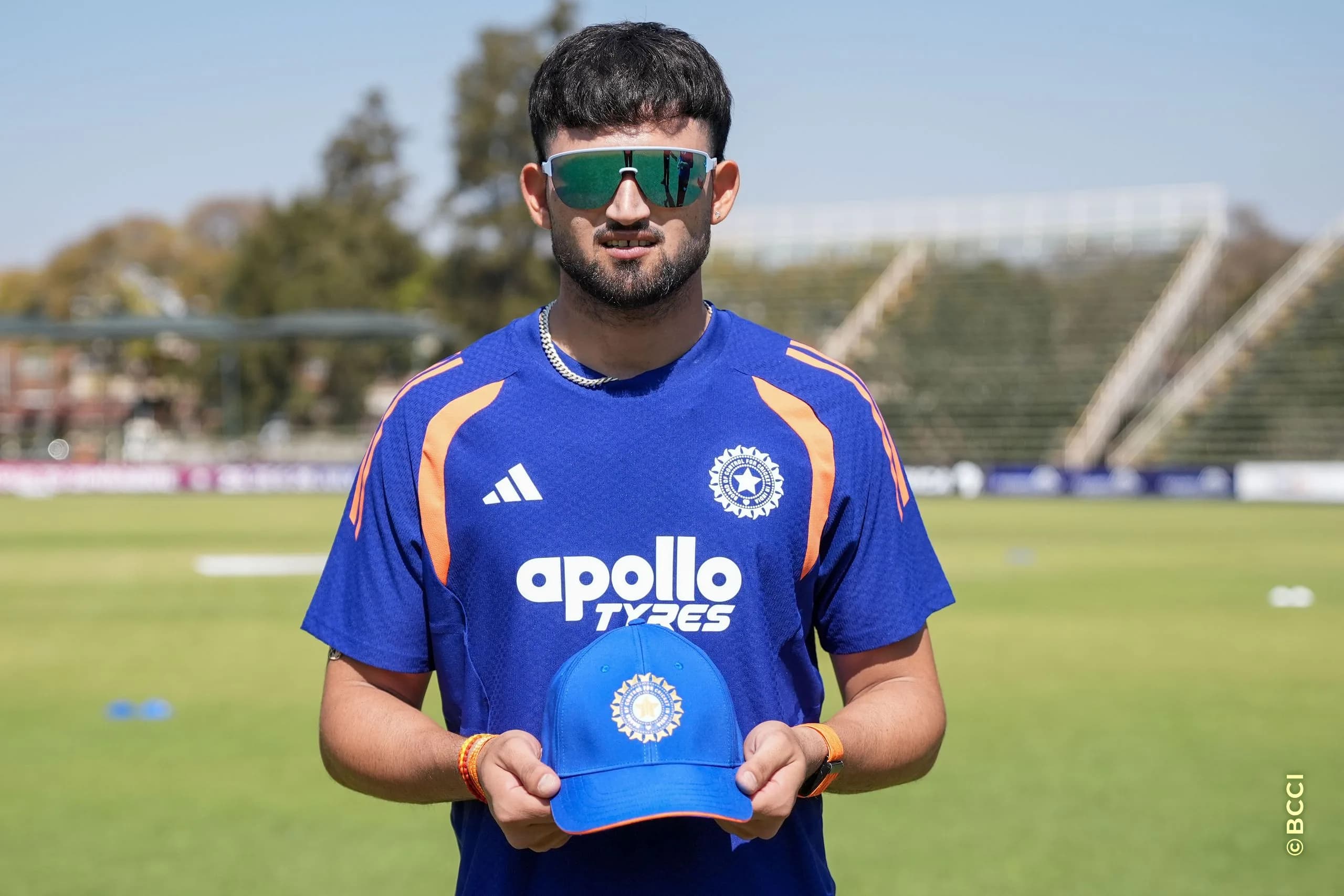 Ashok Sharma of India with his debutant cap during the 1st T20 International match between Zimbabwe and India at the Harare Sports Club, Harare, Zimbabwe on July 23, 2026.Photo: Faheem Hussain / CREIMAS for BCCI