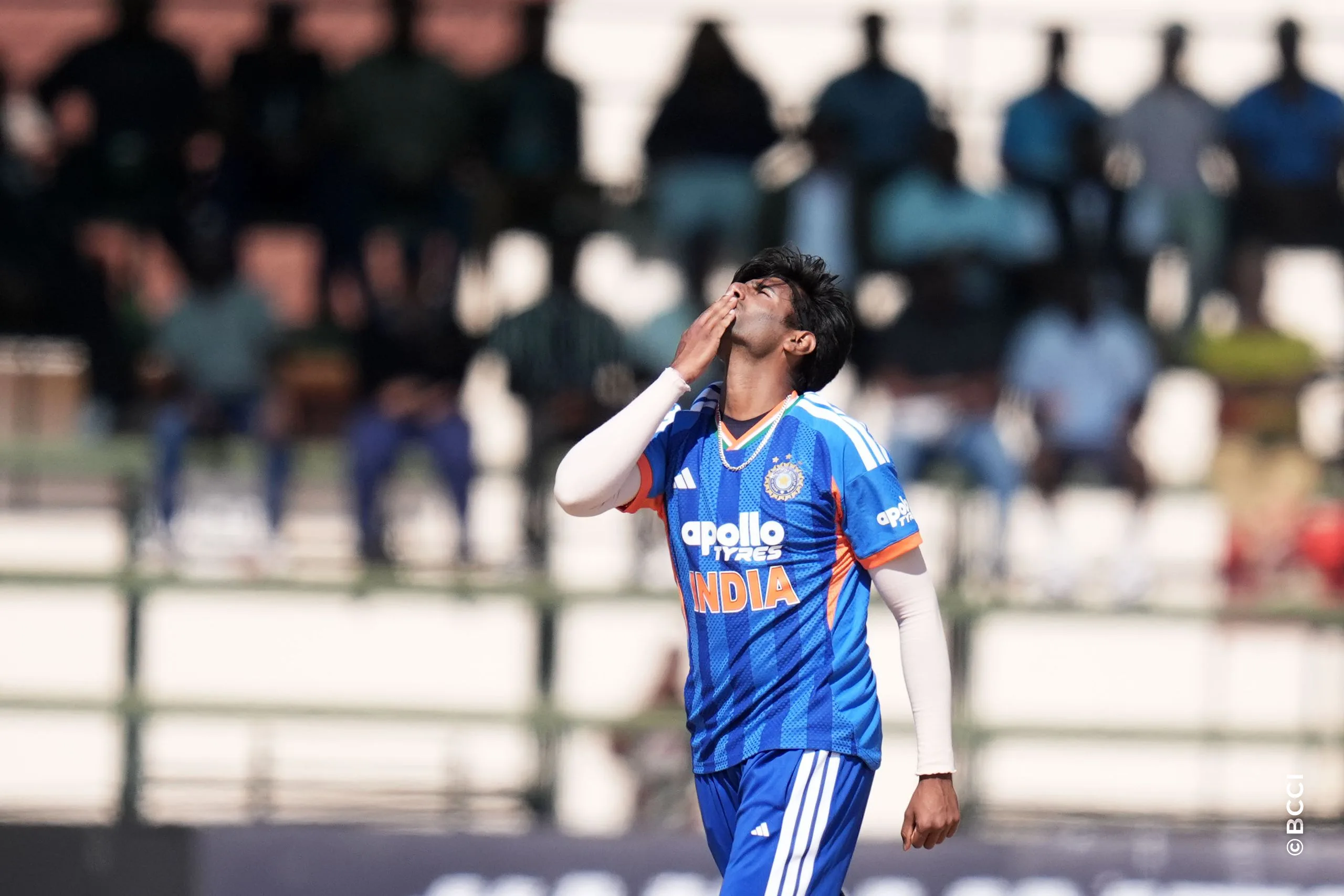 Mayank Prabhu Yadav of India celebrates the wicket of Dion Myers of Zimbabwe during the 1st T20 International match between Zimbabwe and India at the Harare Sports Club, Harare, Zimbabwe on July 23, 2026.Photo: Faheem Hussain / CREIMAS for BCCI