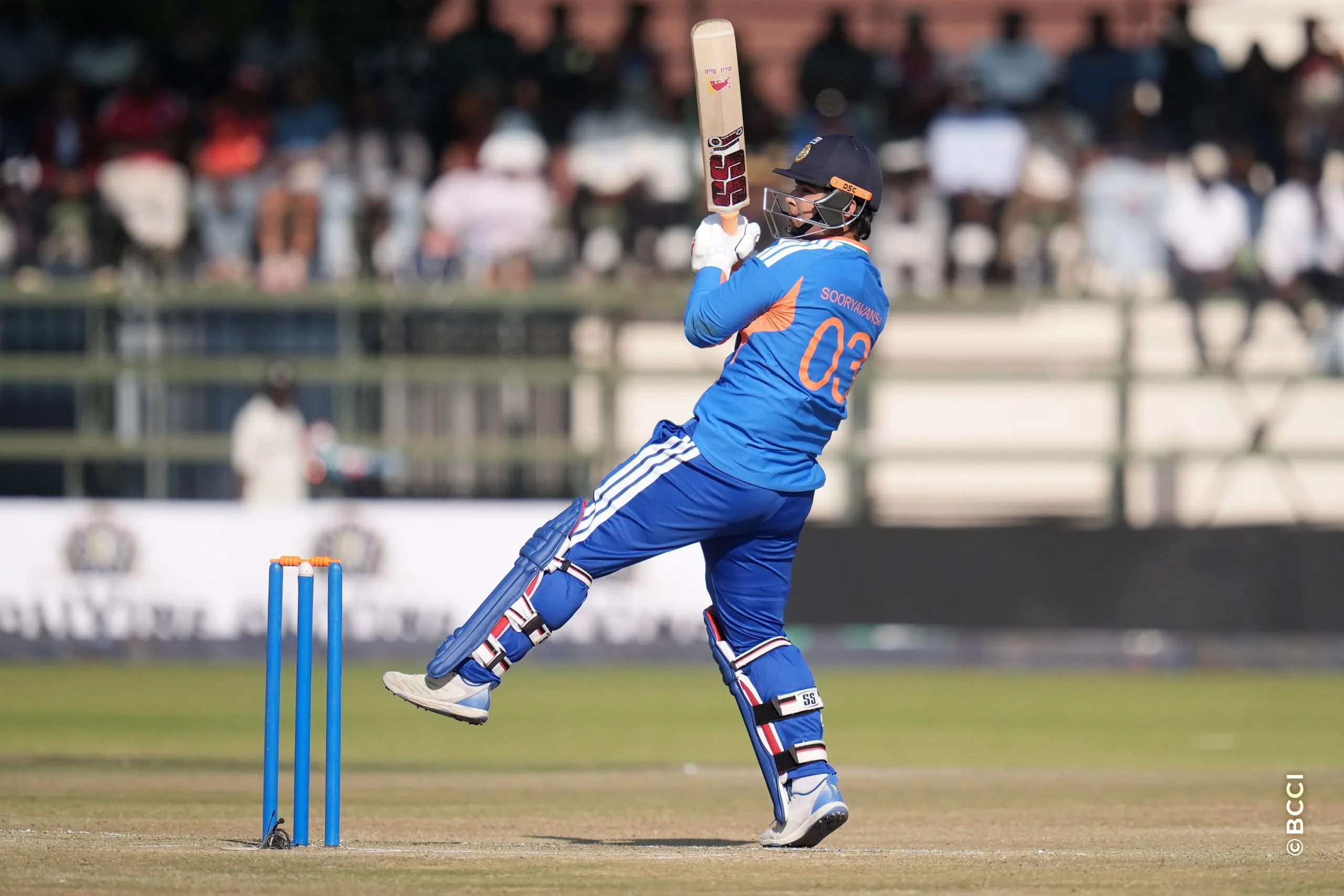 Vibhav Sooryavanshi of India plays a shot during the 1st T20 International match between Zimbabwe and India at the Harare Sports Club, Harare, Zimbabwe on July 23, 2026.Photo: Faheem Hussain / CREIMAS for BCCI