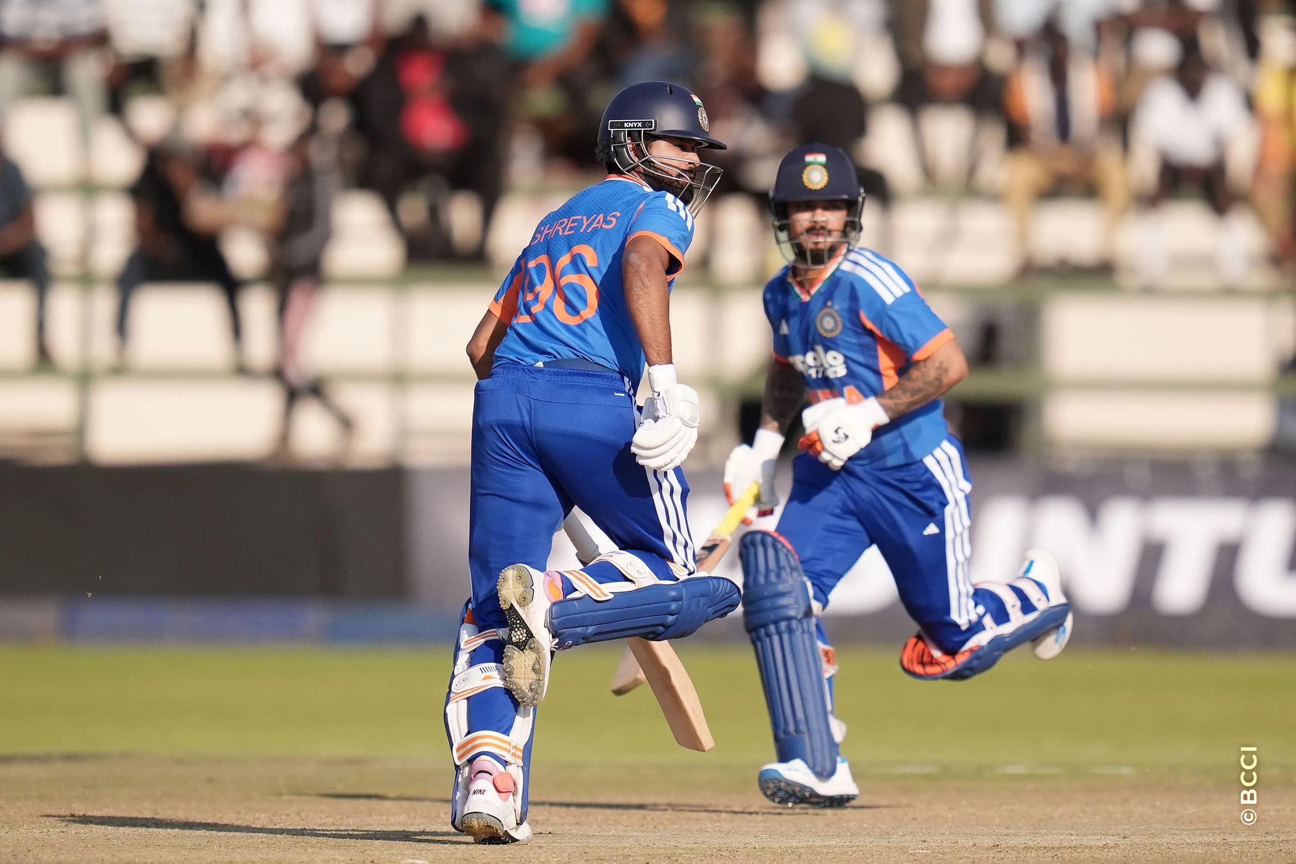 Shreyas Iyer (C) of India and Ishan Kishan (WK) of India running between the wickets during the 1st T20 International match between Zimbabwe and India at the Harare Sports Club, Harare, Zimbabwe on July 23, 2026.Photo: Faheem Hussain / CREIMAS for BCCI