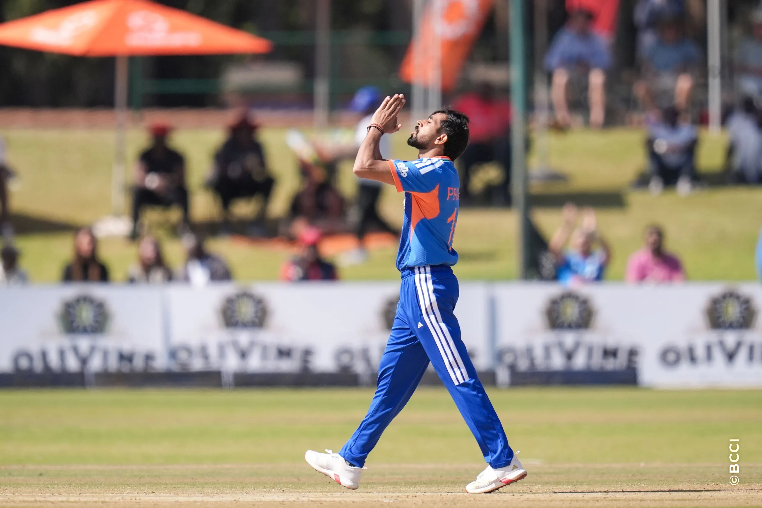 Prince Yadav of India celebrates the wicket of Ben Curran of Zimbabwe during the 1st T20 International match between Zimbabwe and India at the Harare Sports Club, Harare, Zimbabwe on July 23, 2026.Photo: Faheem Hussain / CREIMAS for BCCI