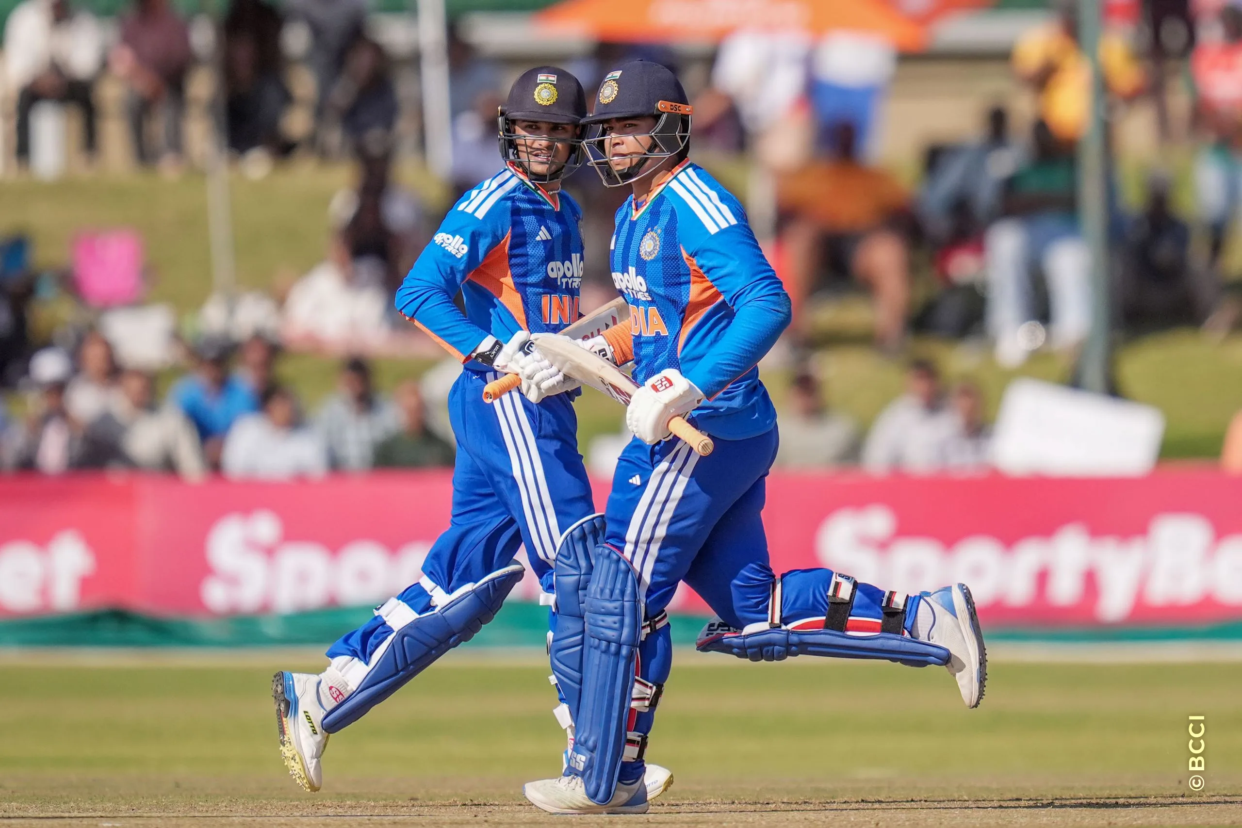 Vibhav Sooryavanshi of India and Abishek Sharma of India  running between the wickets  during the 1st T20 International match between Zimbabwe and India at the Harare Sports Club, Harare, Zimbabwe on July 23, 2026.Photo: Faheem Hussain / CREIMAS for BCCI