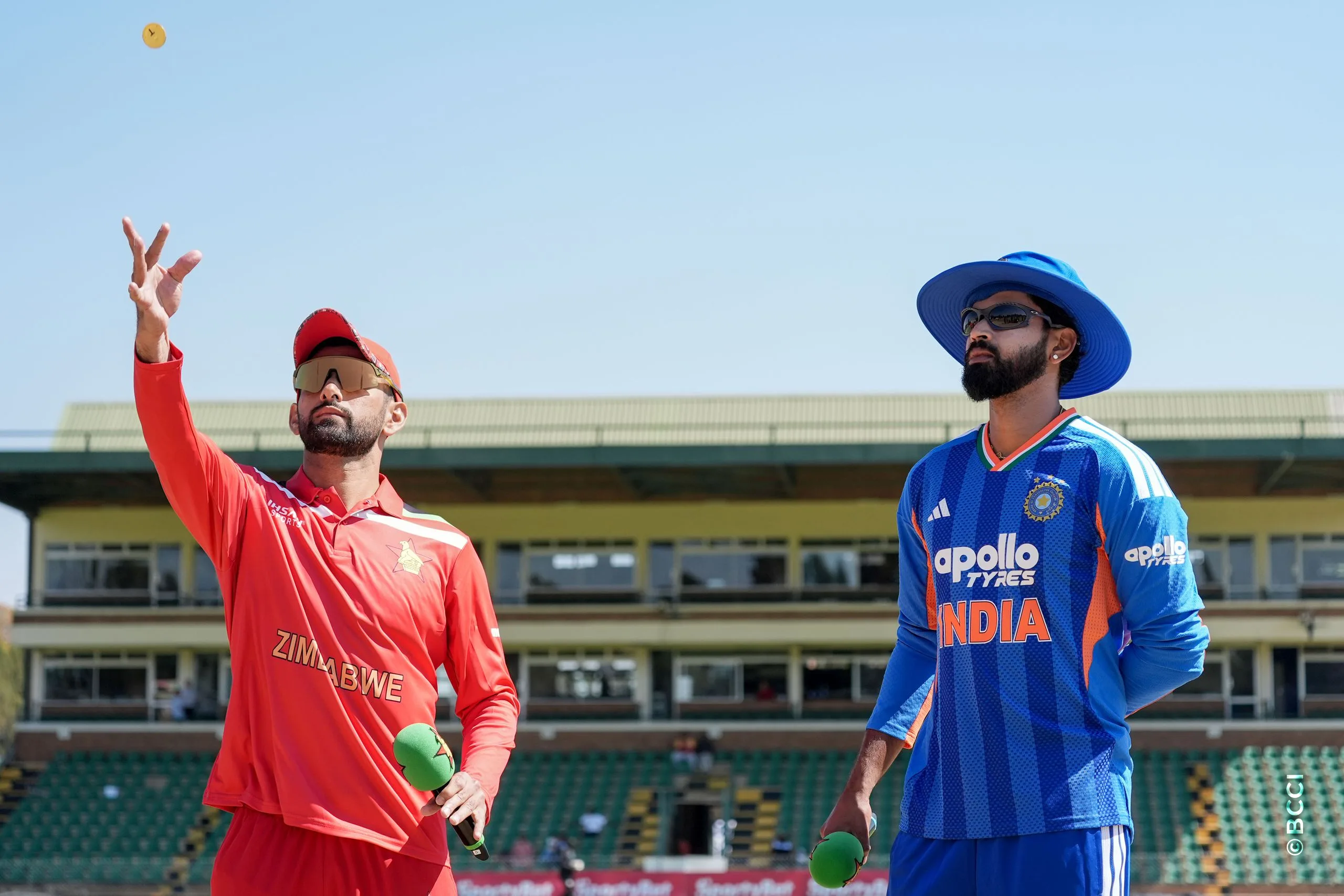 Shreyas Iyer (C) of India and Sikandar Raza (C) of Zimbabwe at the toss during the 1st T20 International match between Zimbabwe and India at the Harare Sports Club, Harare, Zimbabwe on July 23, 2026.Photo: Faheem Hussain / CREIMAS for BCCI