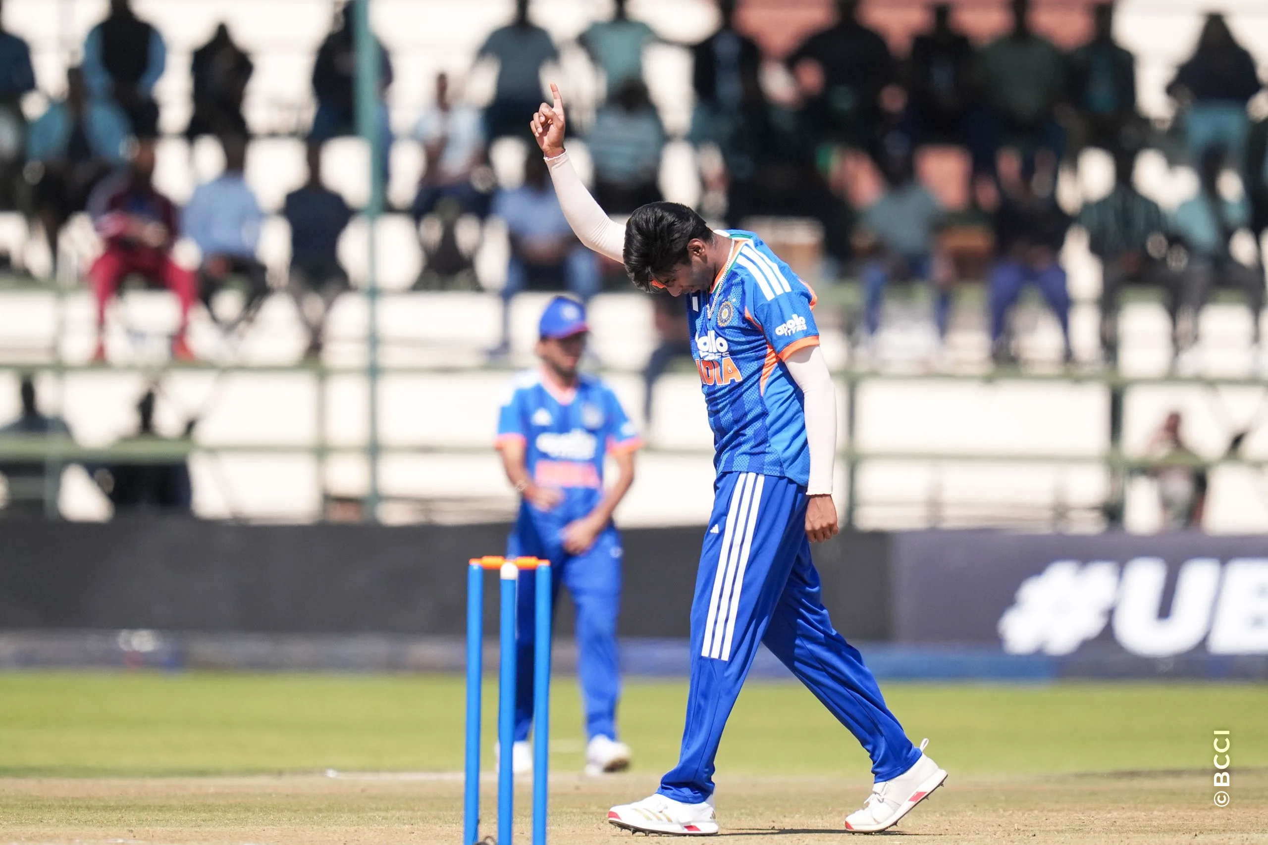 Mayank Prabhu Yadav of India celebrates the wicket of Dion Myers of Zimbabwe during the 1st T20 International match between Zimbabwe and India at the Harare Sports Club, Harare, Zimbabwe on July 23, 2026.Photo: Faheem Hussain / CREIMAS for BCCI