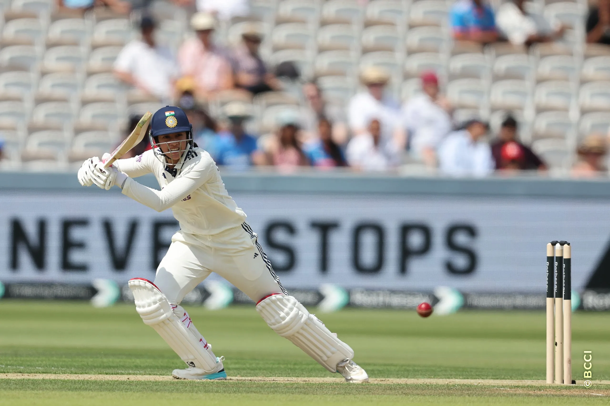 Smriti Mandhana of India plays a shot during Day 1 of the Only Test match between England Women and India Women at Lord's Cricket Ground, London, England, on July 10, 2026.Photo by Pankaj Nangia / CREIMAS for BCCI