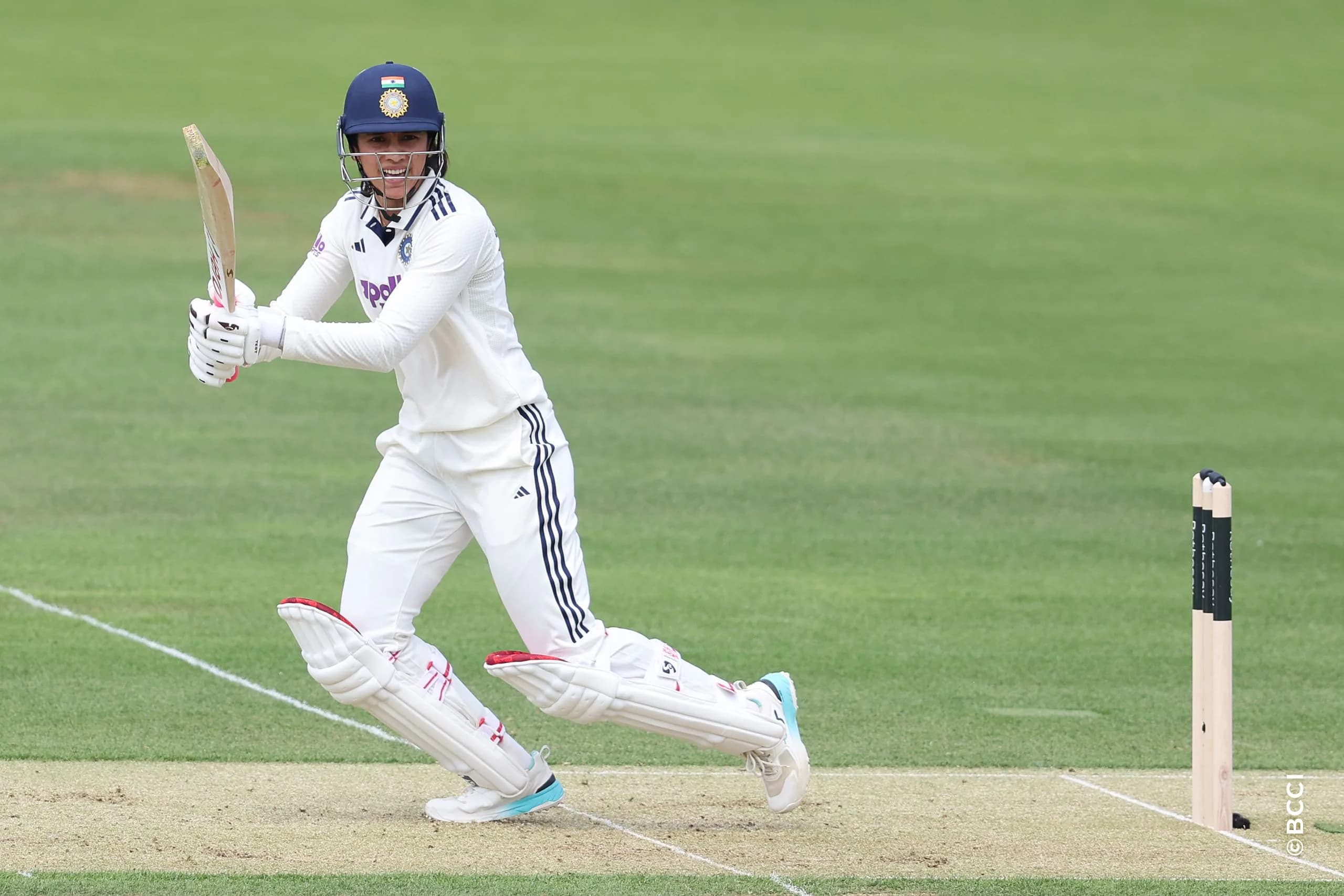 Smriti Mandhana of India plays a shot during Day 1 of the Only Test match between England Women and India Women at Lord's Cricket Ground, London, England, on July 10, 2026.Photo by Pankaj Nangia / CREIMAS for BCCI