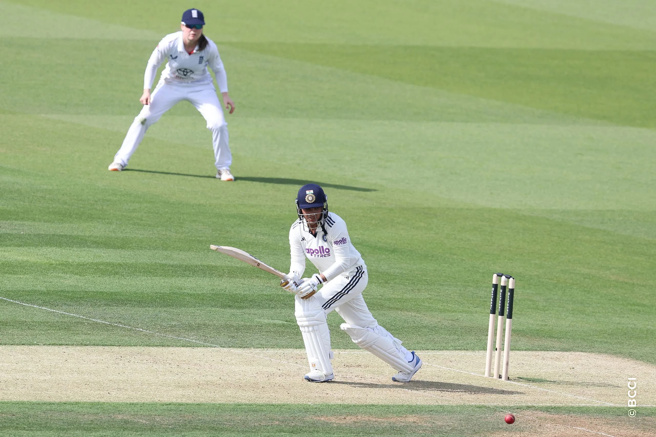 Sneh Rana of India plays a shot during Day 1 of the Only Test match between England Women and India Women at Lord's Cricket Ground, London, England, on July 10, 2026.Photo by Pankaj Nangia / CREIMAS for BCCI