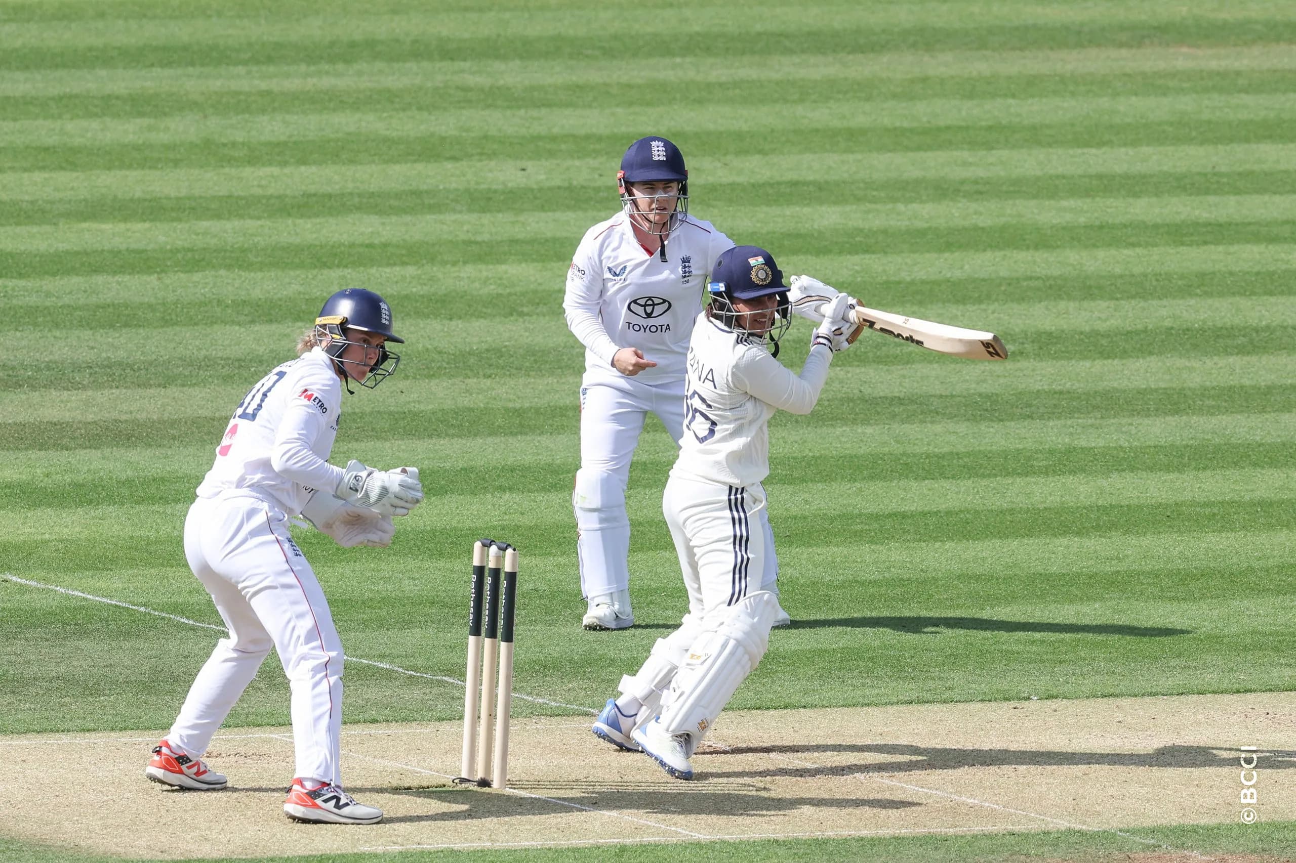 Sneh Rana of India plays a shot during Day 1 of the Only Test match between England Women and India Women at Lord's Cricket Ground, London, England, on July 10, 2026.Photo by Pankaj Nangia / CREIMAS for BCCI