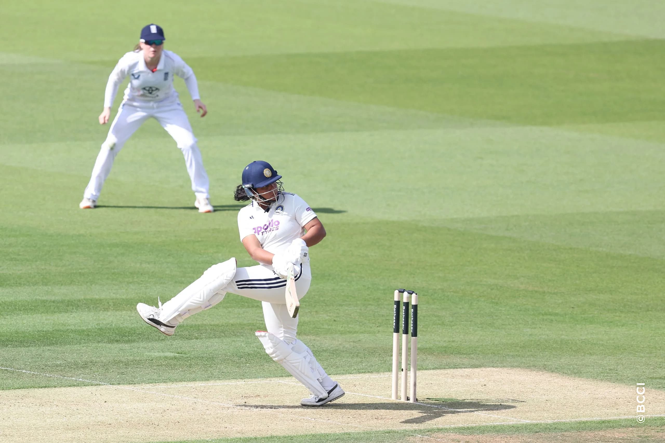 Richa Ghosh of India plays a shot during Day 1 of the Only Test match between England Women and India Women at Lord's Cricket Ground, London, England, on July 10, 2026.Photo by Pankaj Nangia / CREIMAS for BCCI